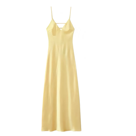 Butter yellow satin v-neck bodycon maxi dress with slim fit silhouette, sleeveless spaghetti straps, chic backless style, elegant a line slip and shift design. Perfect summer sundress for women and teens. Fashion-forward dress for vacation, holiday, brunch, sorority rush, prom, hoco, homecoming, formal evening events, party, night out, Euro summer and preppy style fashion. Ships worldwide to USA, UK, Canada, Australia, New Zealand, Germany, France, Ireland, Denmark, Sweden, Switzerland, Spain, Netherlands,