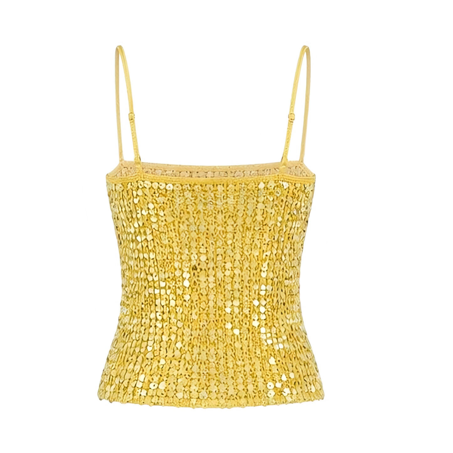 Butter yellow sequin beaded crochet fitted tank top with sparkly shimmery glittery knitwear detail, slim fit bodycon cropped square neckline and spaghetti straps, sleeveless Y2K crop top for women, teens and ladies, perfect for summer, beach vacation, festival, concert, Ibiza, party, clubwear, baddie, boho chic, tropicalcore, mermaidcore, fairycore and 2000s fashion outfits