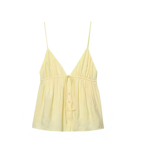Light yellow butter yellow linen camisole tank top with spaghetti straps, v-neckline, bow detail, and button-down sleeveless crop blouse – chic feminine preppy coquette summer 2025 women’s and teens fashion top for casual, everyday, vacation, holiday, prom, homecoming, sorority rush, party, brunch, Y2K beach