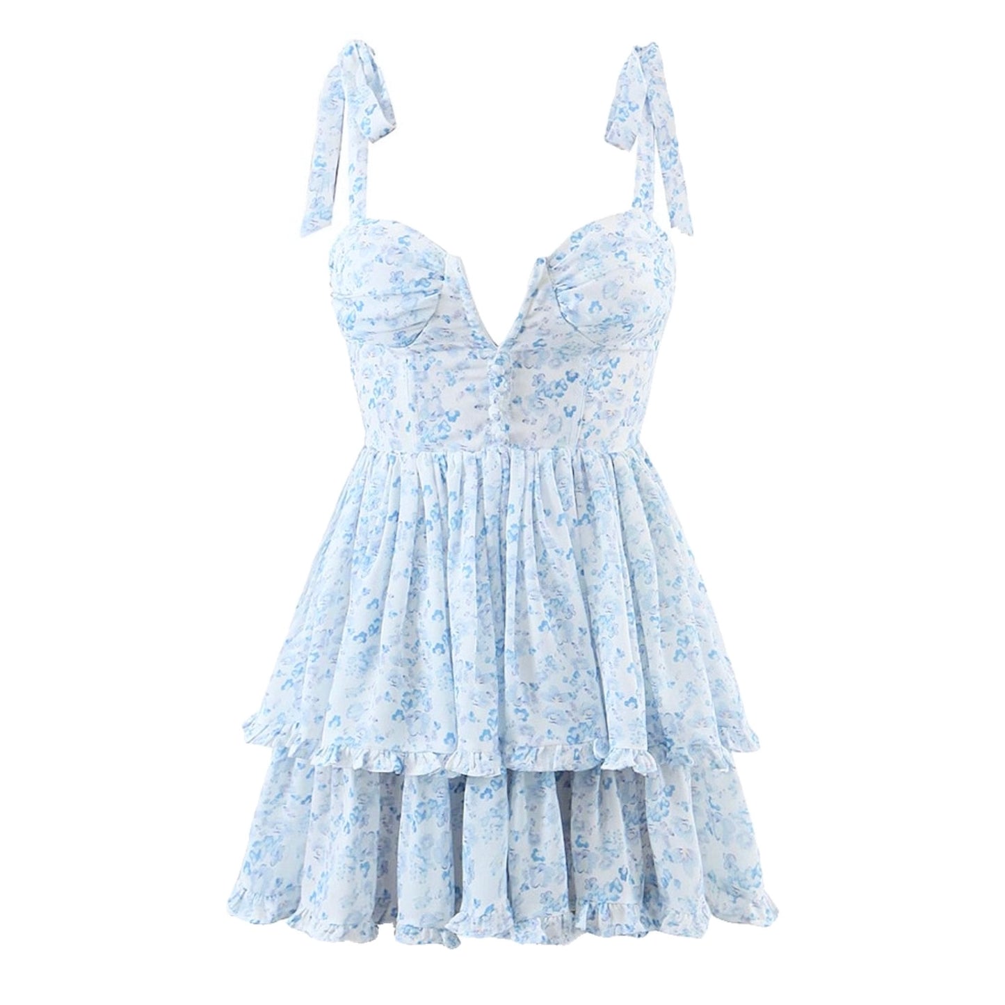 Charlotte Blue Floral Print Corset Layered Ruffle Spaghetti Strap Mini Dress