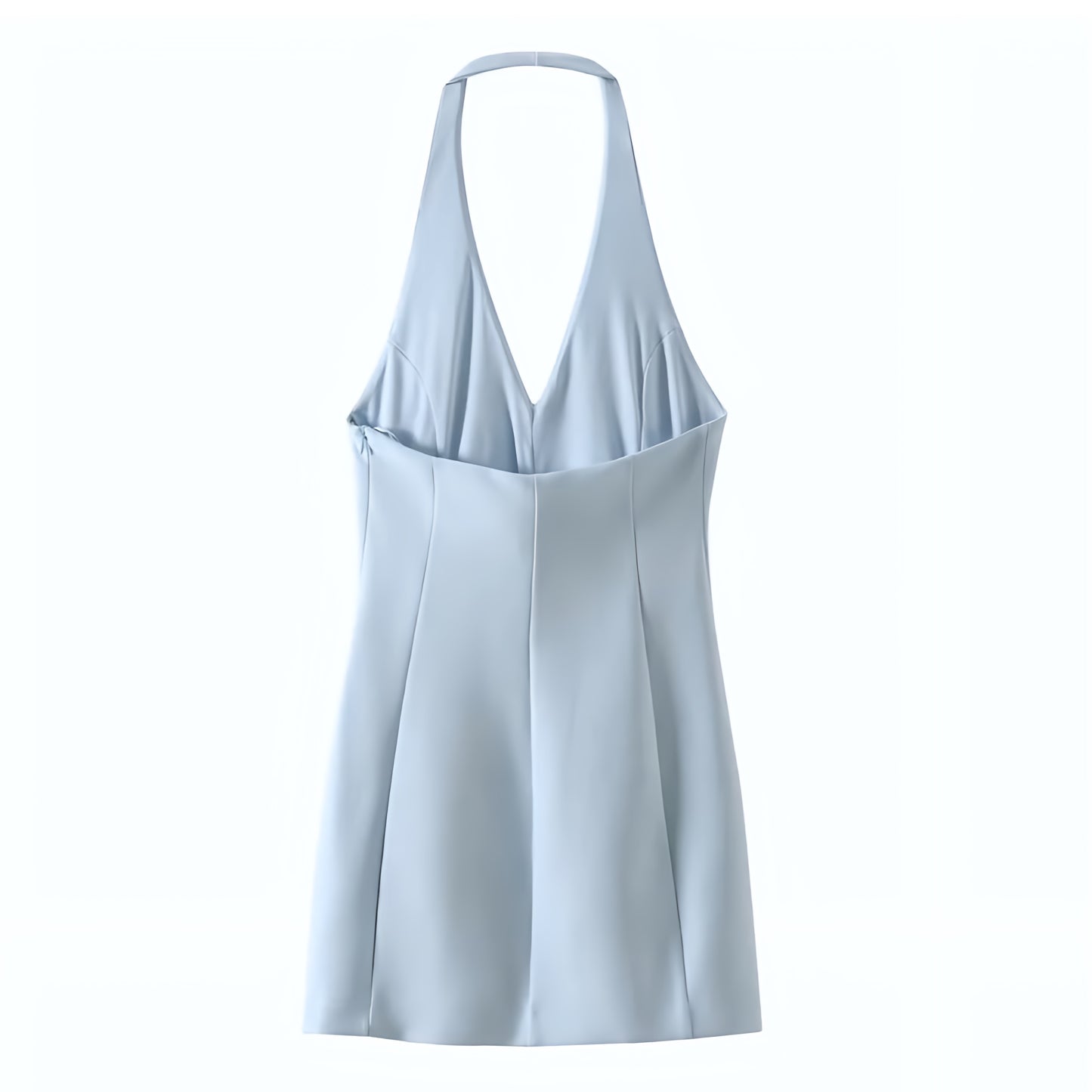 Light Blue Bodycon Pleated Sleeveless V-Neck Backless Halter Mini Dress