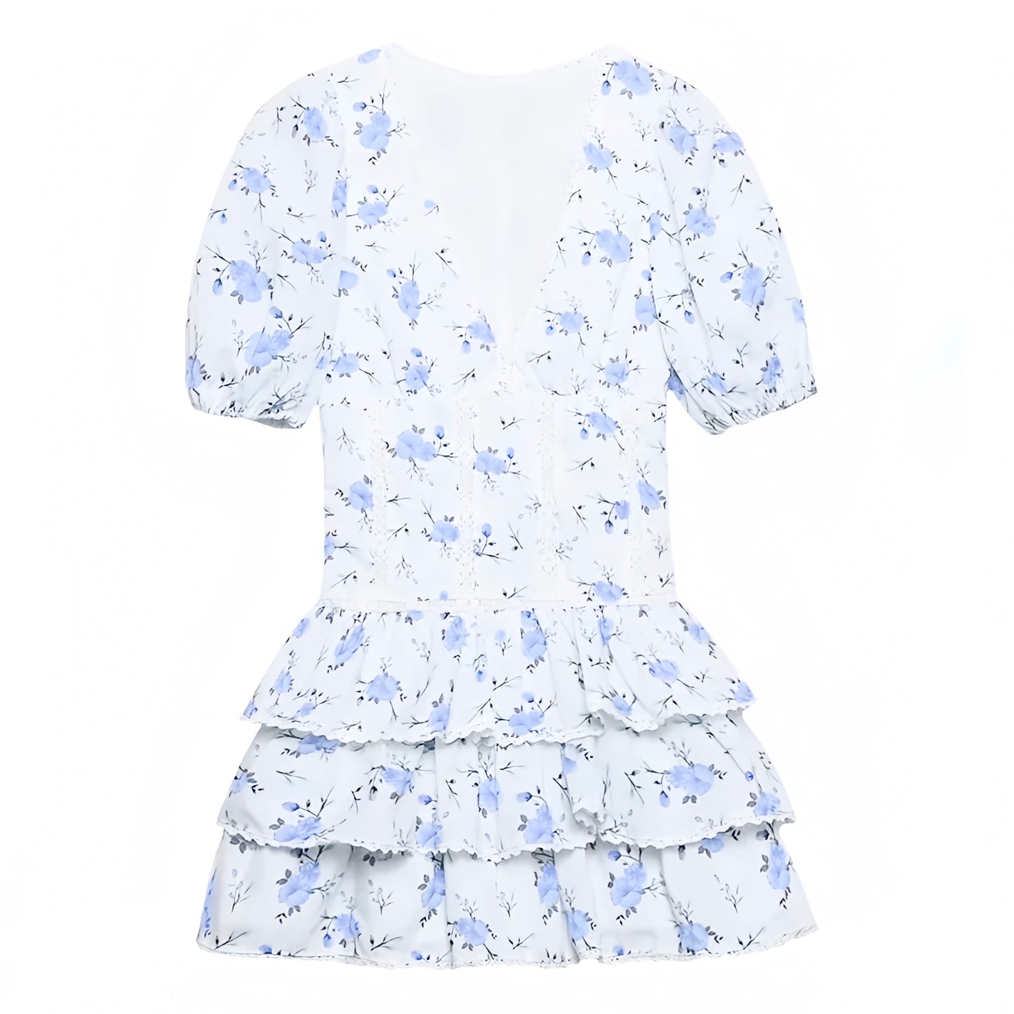 August Blue Floral Print Layered Ruffle V-Neck Puff Sleeve Mini Dress