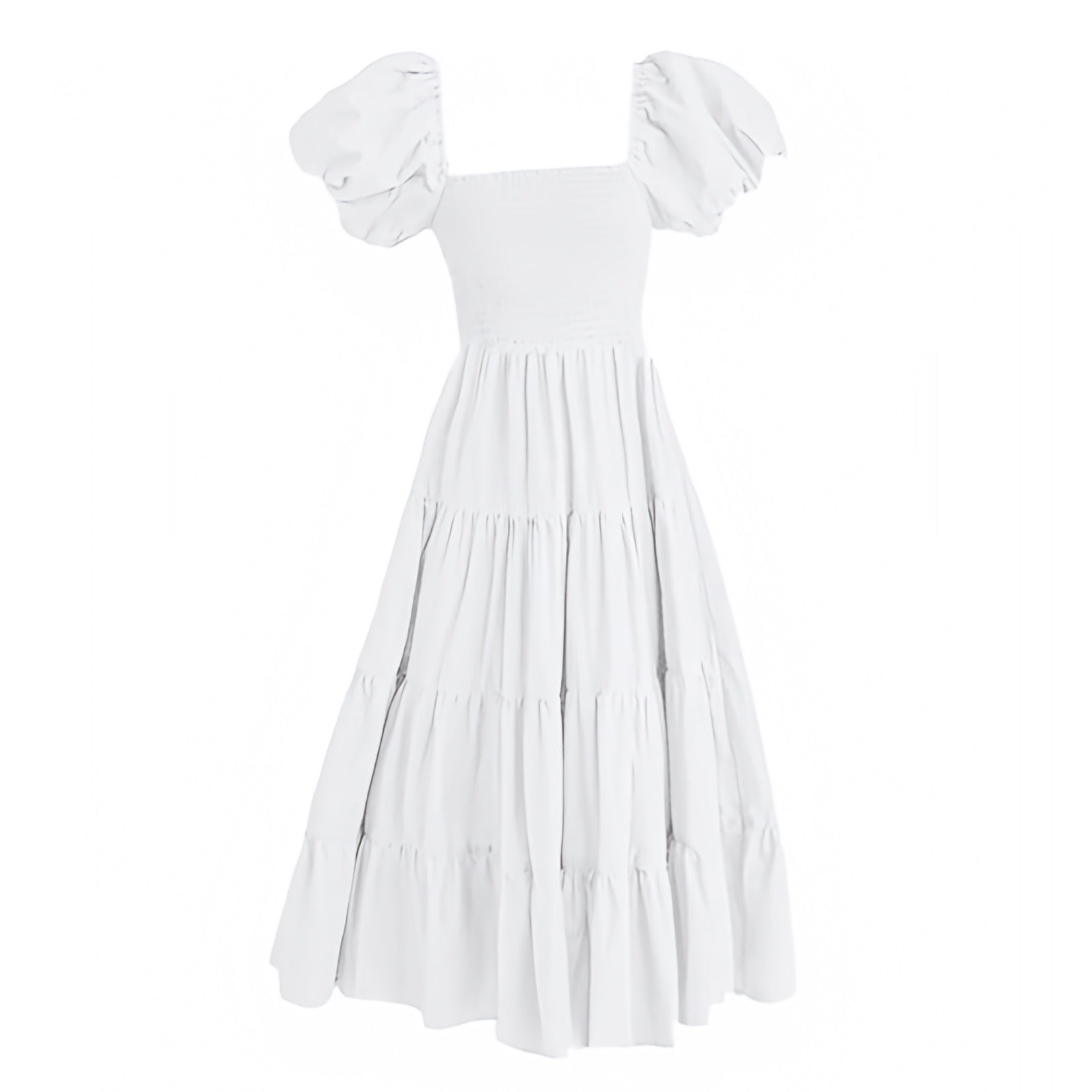Women's White Smocked Tiered Short Puff Sleeve Maxi Dress | 2024 Dazey Hill Women's White Smocked Tiered Short Puff Sleeve Maxi Dress | 2024 Dazey Hill
