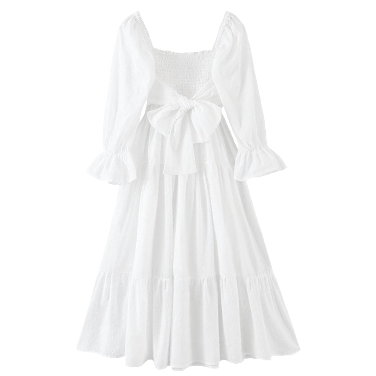 white-slim-fitted-bodycon-smocked-shirred-bodice-drop-waist-ruffle-trim-fit-and-flare-long-puff-sleeve-square-neckline-bow-tie-backless-open-back-tiered-linen-flowy-boho-bohemian-midi-long-maxi-dress-gown-women-ladies-teens-tweens-chic-trendy-spring-2024-summer-elegant-casual-semi-formal-feminine-classy-classic-preppy-style-prom-homecoming-hoco-dance-party-graduation-debutante-coastal-granddaughter-grandmillennial-coquette-european-vacation-sundress-beach-wear-altard-state-zara-revolve-loveshackfancy-dupe