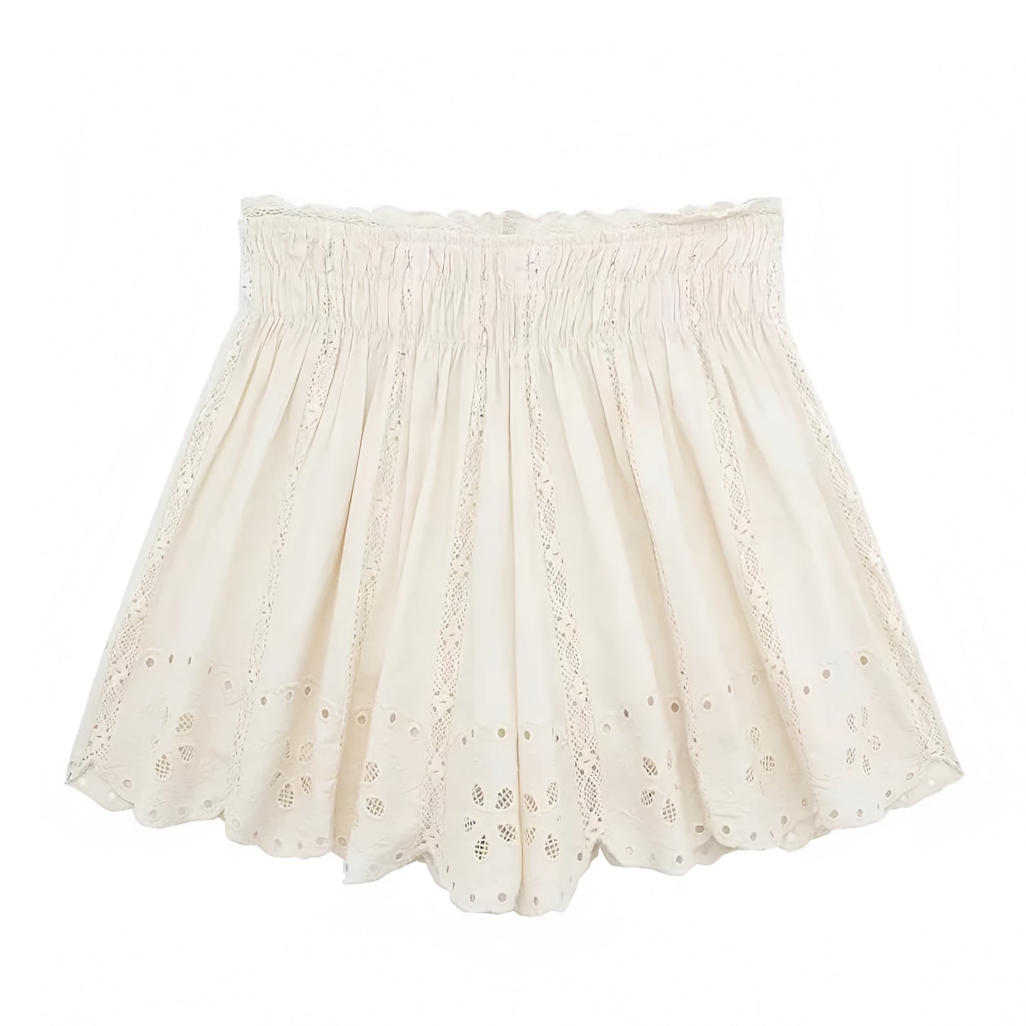Light Beige Eyelet Embroidered Lace Trim Ruffled Mid-Rise Linen Shorts