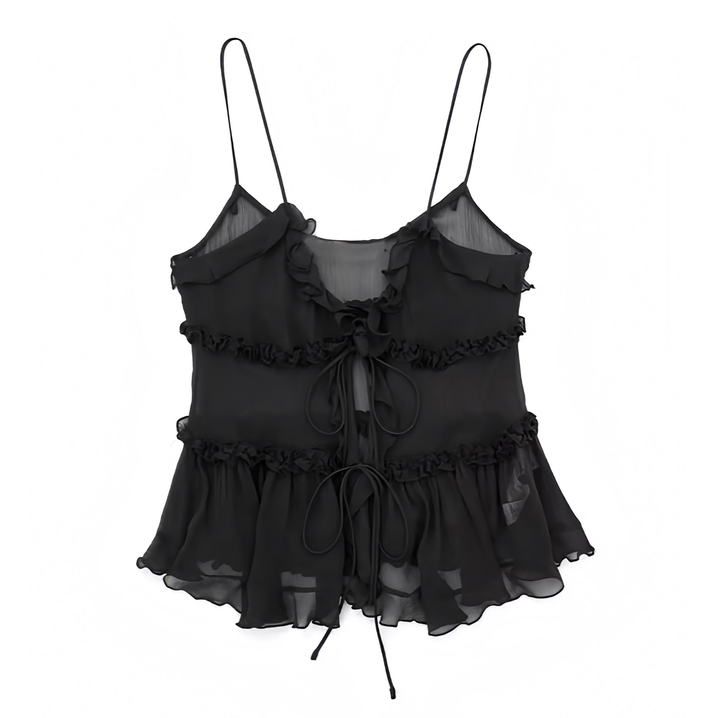 black-bow-layered-ruffle-trim-mesh-translucent-slim-fitted-bodice-round-neckline-spaghetti-strap-sleeveless-cut-out-backless-open-back-fit-and-flare-tiered-crop-camisole-tank-top-blouse-women-ladies-chic-trendy-spring-2024-summer-elegant-casual-feminine-coquette-goth-style-date-night-out-sexy-party-club-wear-shirt-zara-revolve-aritzia-urban-outfitters-whitefox-babyboo-iamgia-jaded-london-areyouami-edikted