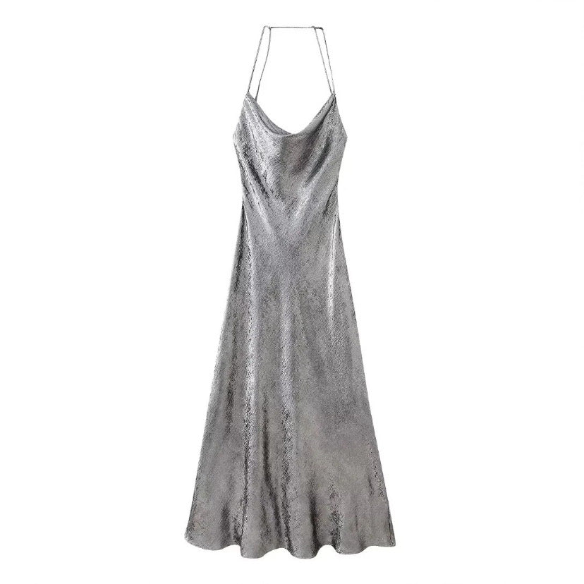 Women's Dark Gray Metallic Spaghetti Strap Halter Midi Dress Dazey Hill Women's Dark Gray Metallic Spaghetti Strap Halter Midi Dress Dazey Hill