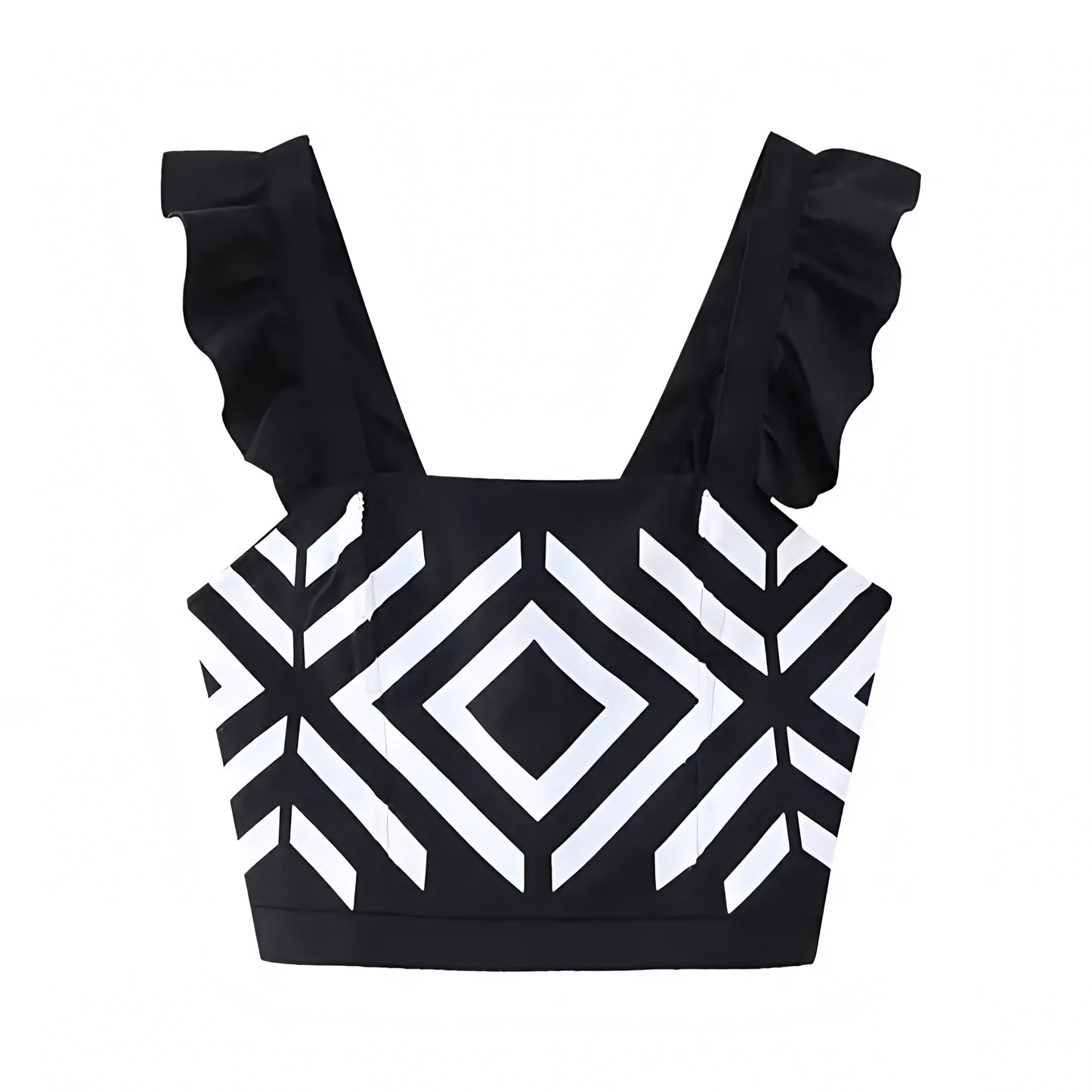 Black & White Patterned Slim Fit Ruffle Sleeve Crop Tank Top