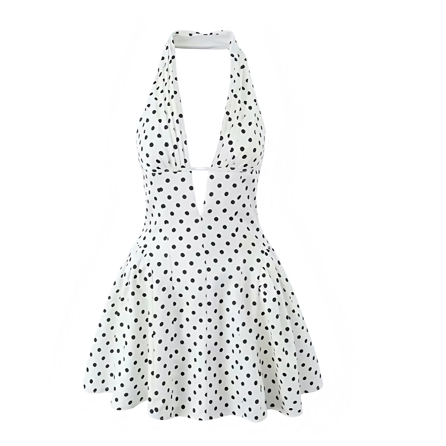 White & Black Polka Dot Bodycon V-Neck Sleeveless Halter Mini Dress
