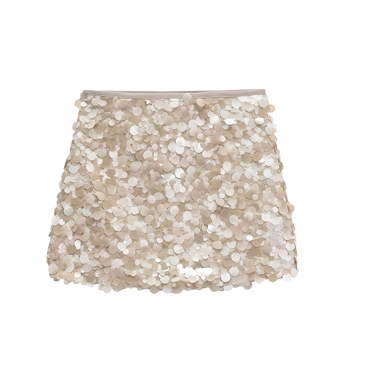 Champagne sequin embellished slim fit low-rise mini skirt, sparkly pencil/sheath; feminine classy sexy Ibiza style party club festival concert Euro summer vacation boho chic trendy Y2K 2025 for women and teens. Ships worldwide to US, UK, EU, AU, Canada and more.