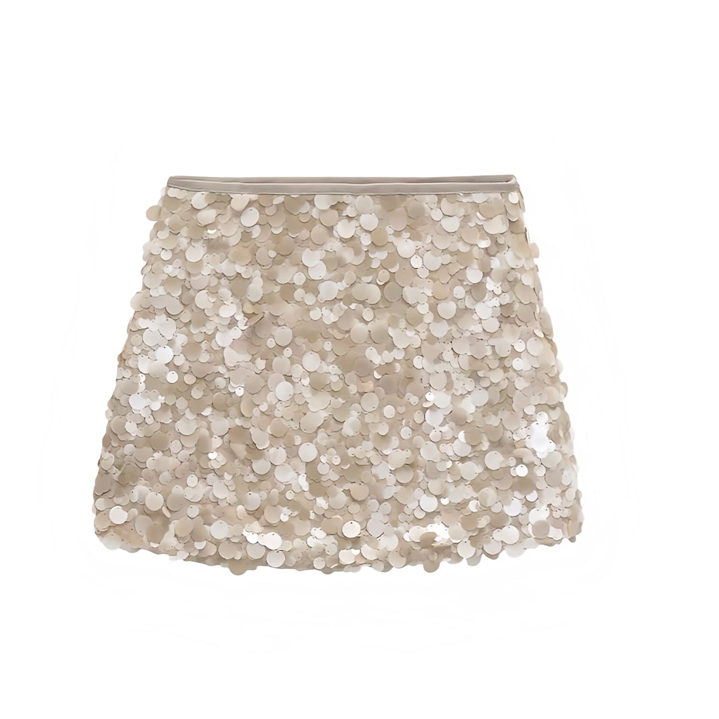 Champagne sequin embellished slim fit low-rise mini skirt, sparkly pencil/sheath; feminine classy sexy Ibiza style party club festival concert Euro summer vacation boho chic trendy Y2K 2025 for women and teens. Ships worldwide to US, UK, EU, AU, Canada and more.