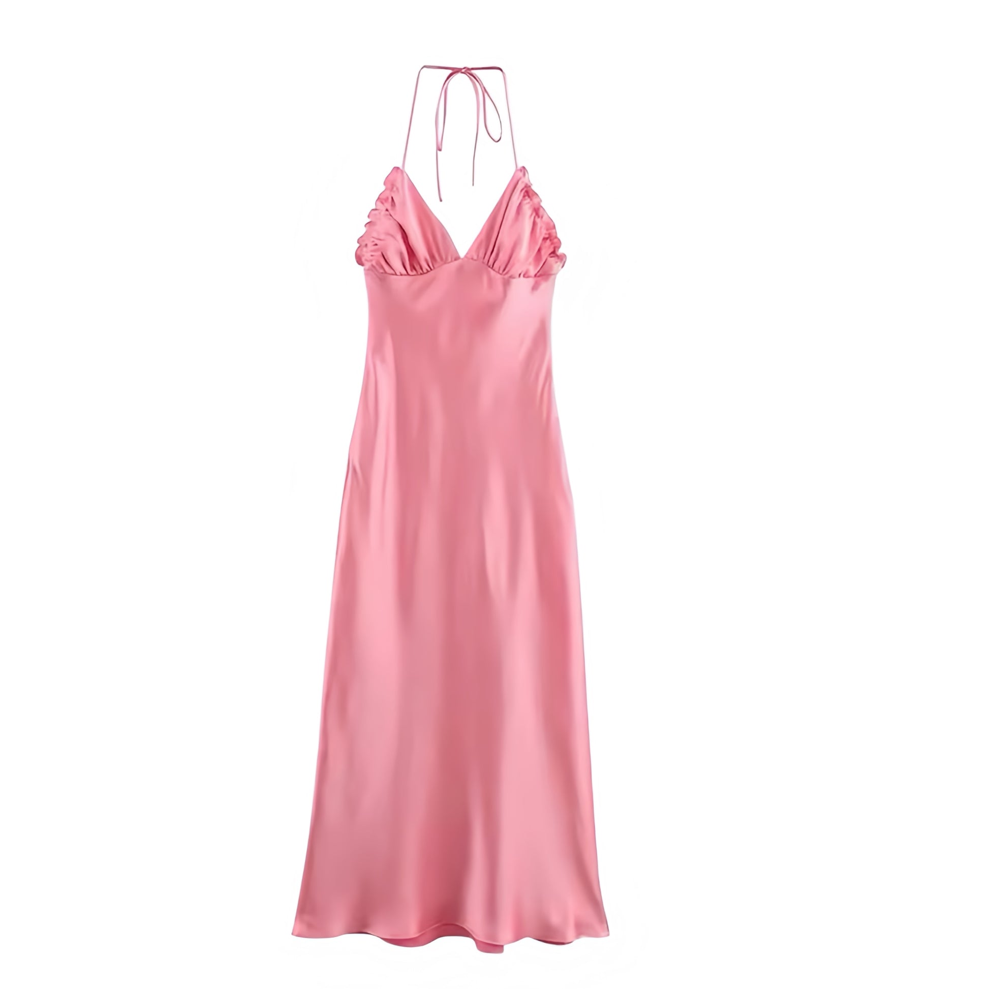 Coral pink satin bodycon ruched halter maxi dress with V-neckline for women and teens. Slim fit silhouette with satin slip, sheath, and shift-inspired details, sleeveless spaghetti strap halter design, sexy backless cut, and ruched figure-flattering accents. Feminine, chic, and elegant sundress perfect for summer, Euro summer, brunch, prom, homecoming, graduation, sorority rush, formal evening parties, weddings, or going out. Preppy style, trendy vacation wear, and timeless satin elegance. Ships worldwide
