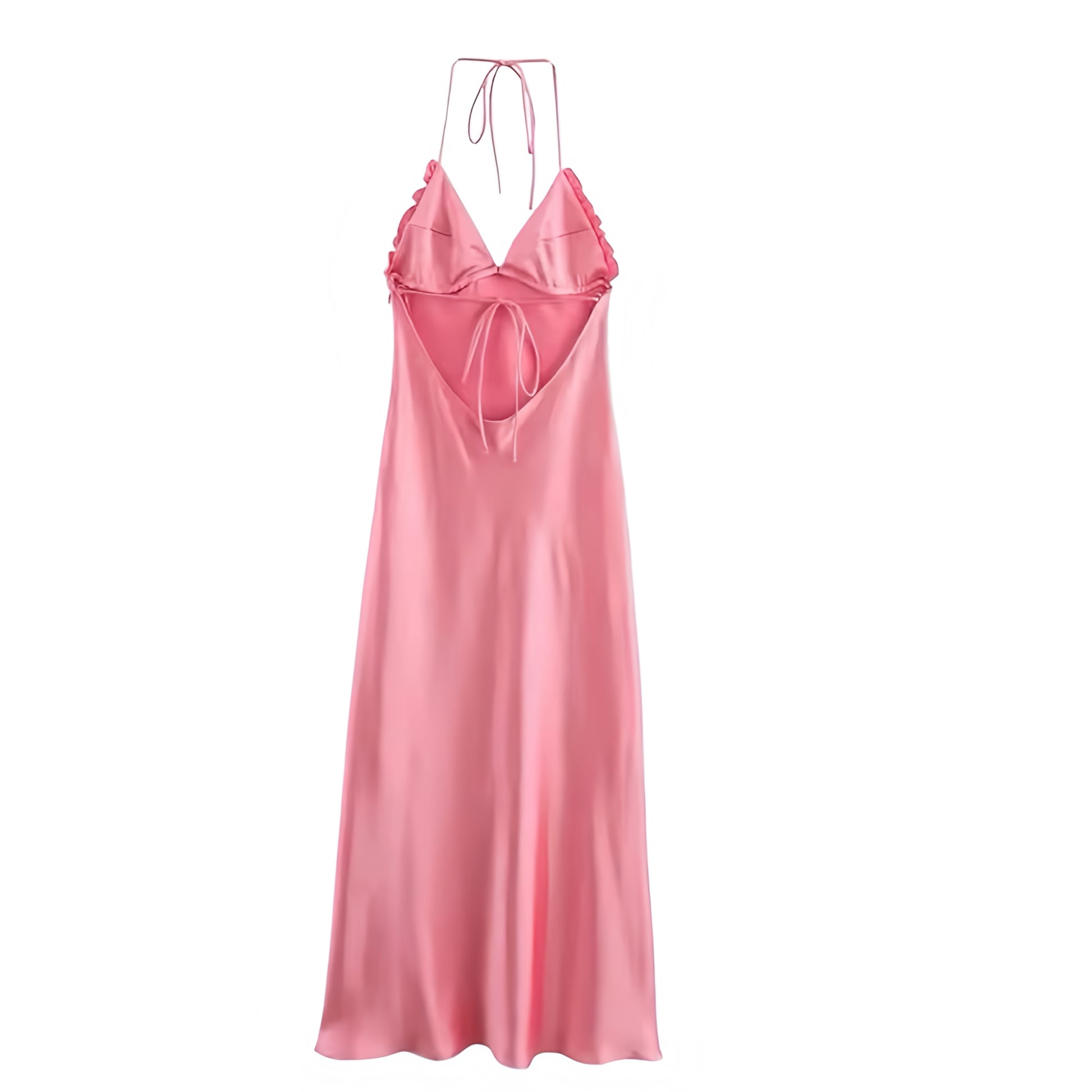 Coral pink satin bodycon ruched halter maxi dress with V-neckline for women and teens. Slim fit silhouette with satin slip, sheath, and shift-inspired details, sleeveless spaghetti strap halter design, sexy backless cut, and ruched figure-flattering accents. Feminine, chic, and elegant sundress perfect for summer, Euro summer, brunch, prom, homecoming, graduation, sorority rush, formal evening parties, weddings, or going out. Preppy style, trendy vacation wear, and timeless satin elegance. Ships worldwide