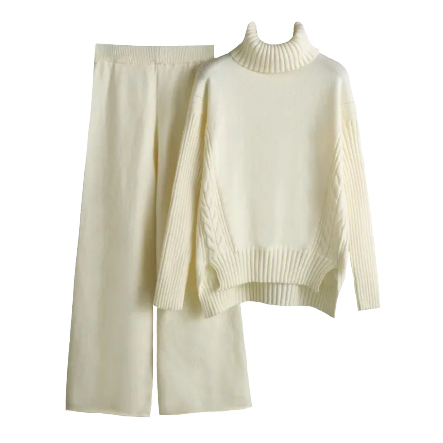 Cream White Cable Knit Turtleneck Sweater & Pants 2 Piece Set for women and teens. Soft, comfy, and cozy knitwear set featuring a thick turtleneck pullover sweater and matching high-waisted wide-leg knit pants. Elegant, feminine, and neutral loungewear perfect for fall, autumn, and winter 2025 fashion. Ships globally and worldwide to the US, UK, Canada, Australia, Europe, and Asia.