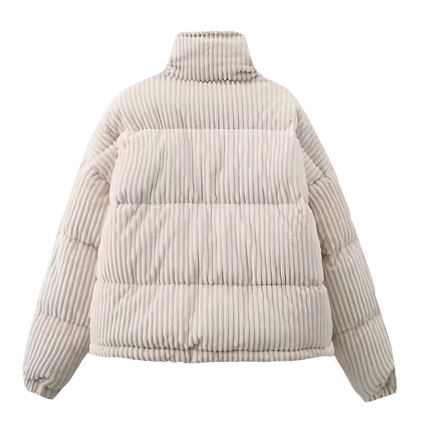 Cream white corduroy oversized button-down long sleeve turtleneck puffer jacket for women and teens, soft fleece lined ribbed textured cozy warm thick luxury coat with mock neck round neckline and zip-up detail, elegant feminine trendy Y2K chic casual retro vintage fashionable outerwear for fall autumn winter 2025, Scandinavian Copenhagen streetwear and old money style après ski snow trip outfit, with global worldwide shipping to US UK Canada Australia Europe and Asia.