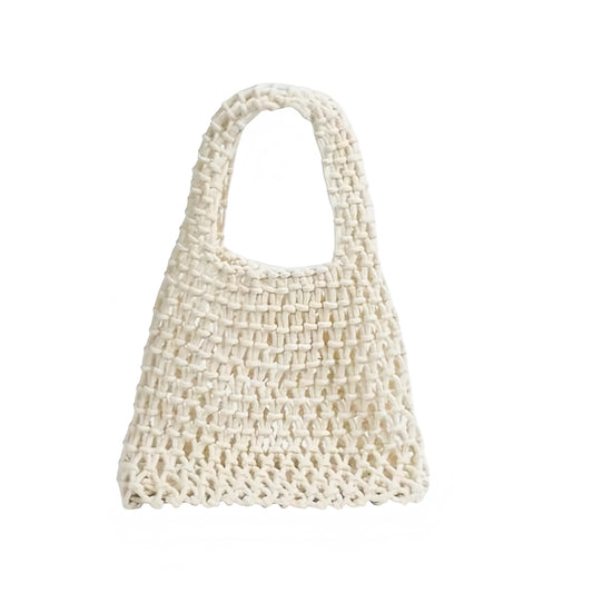 Cream white crochet knitted mini shoulder beach bag, handmade raffia net transparent crossbody clutch purse handbag, chic boho trendy elegant women’s fashion bag for Ibiza style, beach club, bohemian coastal style, euro summer vacation, resort wear, and mermaid core summer 2025 looks, shipped internationally to USA, Canada, UK, Australia, France, Germany, Spain, Italy, Denmark, Asia.