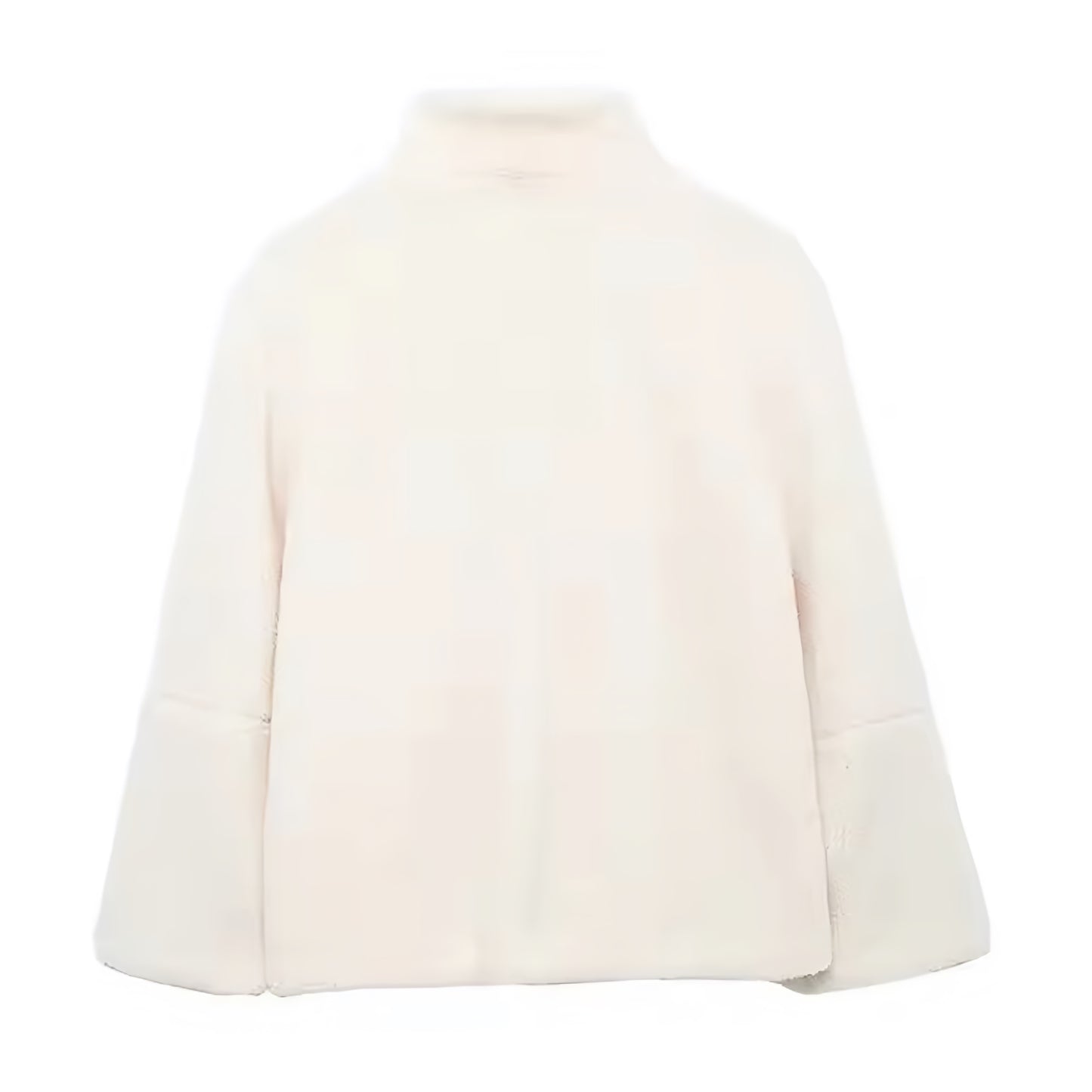 Cream white faux fur sherpa fleece zip-up long sleeve turtleneck oversized jacket for women and teens, fuzzy soft cozy warm thick luxury coat with mock neck round neckline, elegant feminine trendy Y2K chic casual vintage fashionable outerwear for fall autumn winter 2025, Scandinavian Copenhagen streetwear and old money style après ski ski trip snow day outfit, with global worldwide shipping to US UK Canada Australia Europe and Asia.