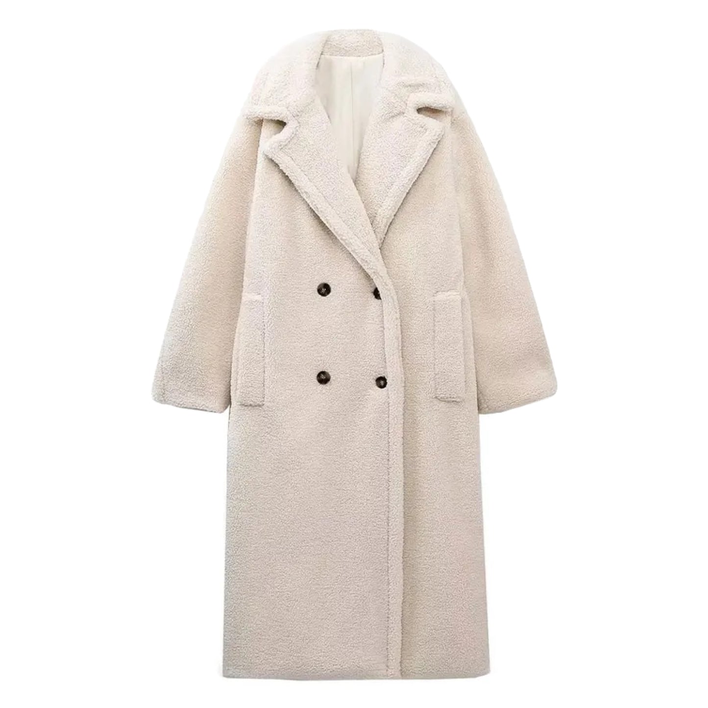 Cream white faux fur sherpa long sleeve trench coat jacket for women and teens, satin lined fuzzy soft cozy warm thick luxury woolen oversized fur coat with collared v-neck split neck, elegant feminine trendy Y2K chic fashionable outerwear for fall autumn winter 2025, Scandinavian Copenhagen streetwear and old money style après ski ski trip snow day outfit, with global worldwide shipping to US UK Canada Australia Europe and Asia.