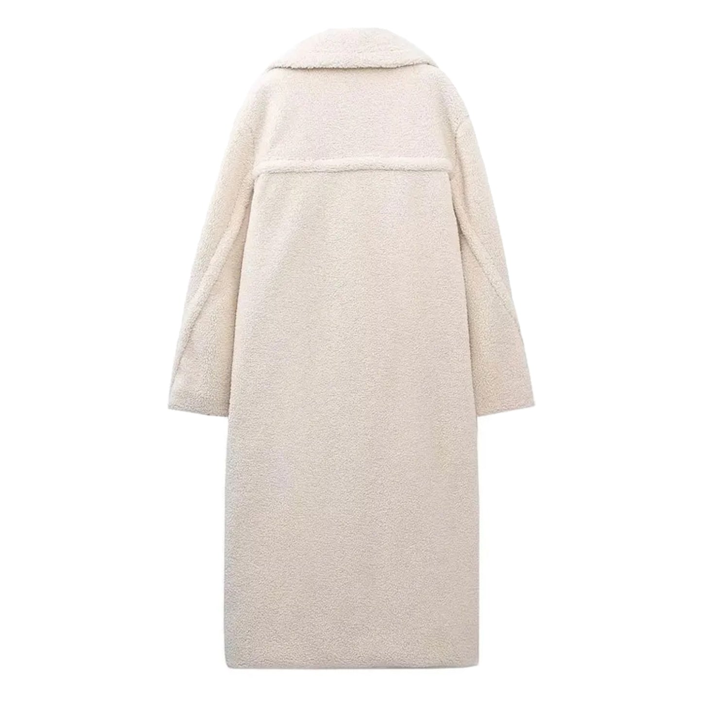 Cream white faux fur sherpa long sleeve trench coat jacket for women and teens, satin lined fuzzy soft cozy warm thick luxury woolen oversized fur coat with collared v-neck split neck, elegant feminine trendy Y2K chic fashionable outerwear for fall autumn winter 2025, Scandinavian Copenhagen streetwear and old money style après ski ski trip snow day outfit, with global worldwide shipping to US UK Canada Australia Europe and Asia.