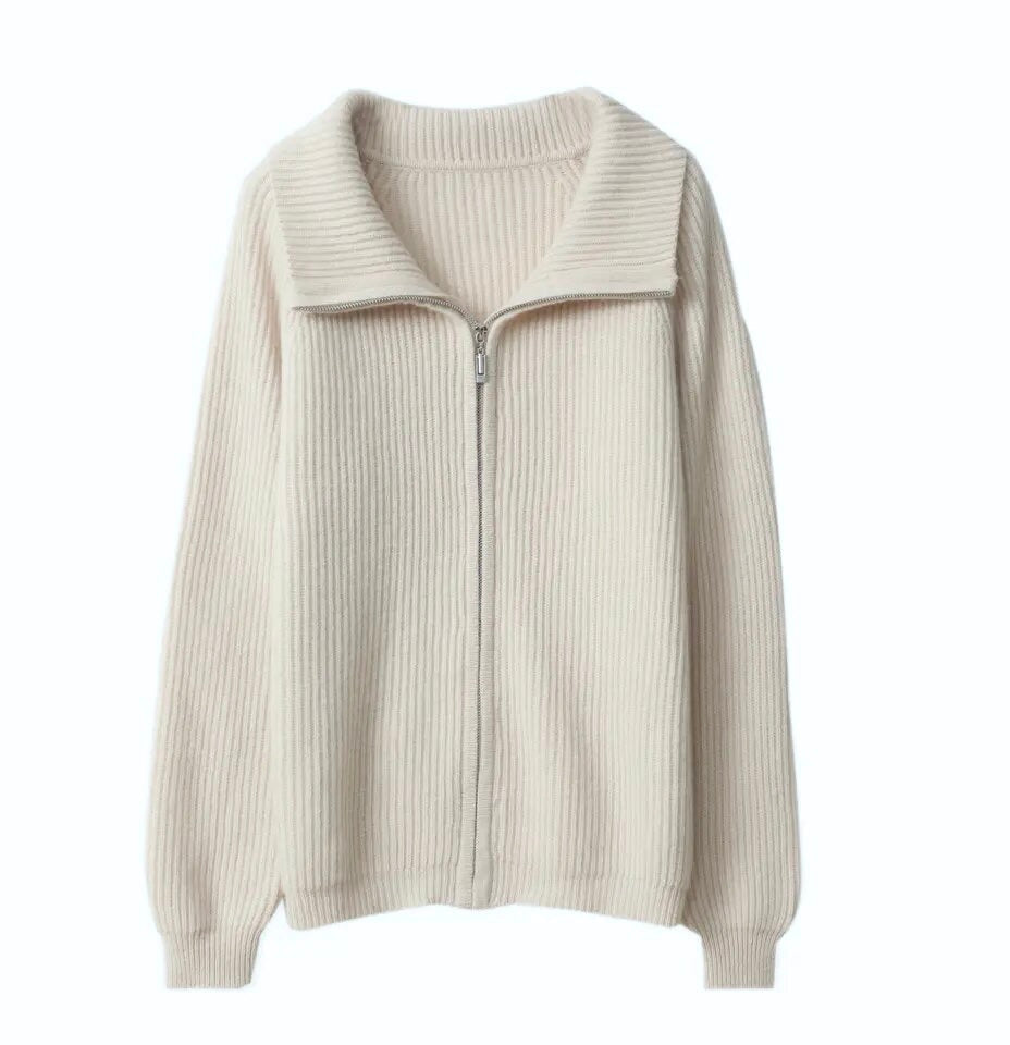 Cream white knit ribbed V-neck zip-up cardigan sweater for women and teens, soft cozy warm thick wool knitwear, oversized chic knit zip jacket for fall autumn winter 2025, off-white chunky knit cardigan inspired by Scandinavian fashion, Zara and Aritzia dupe sweater shipping globally worldwide to US, UK, Canada, Europe, Australia, and Asia.