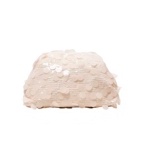 Cream white sequin embellished sparkly clutch pouch bag, chic trendy mini handbag purse for women and teens, elegant stylish accessory perfect for party, club, night out, Ibiza style, Y2K fashion, euro summer vacation 2025 outfits, beach holiday style, ships to USA, Canada, UK, Australia, France, Germany, Spain, Italy, Denmark, Asia.