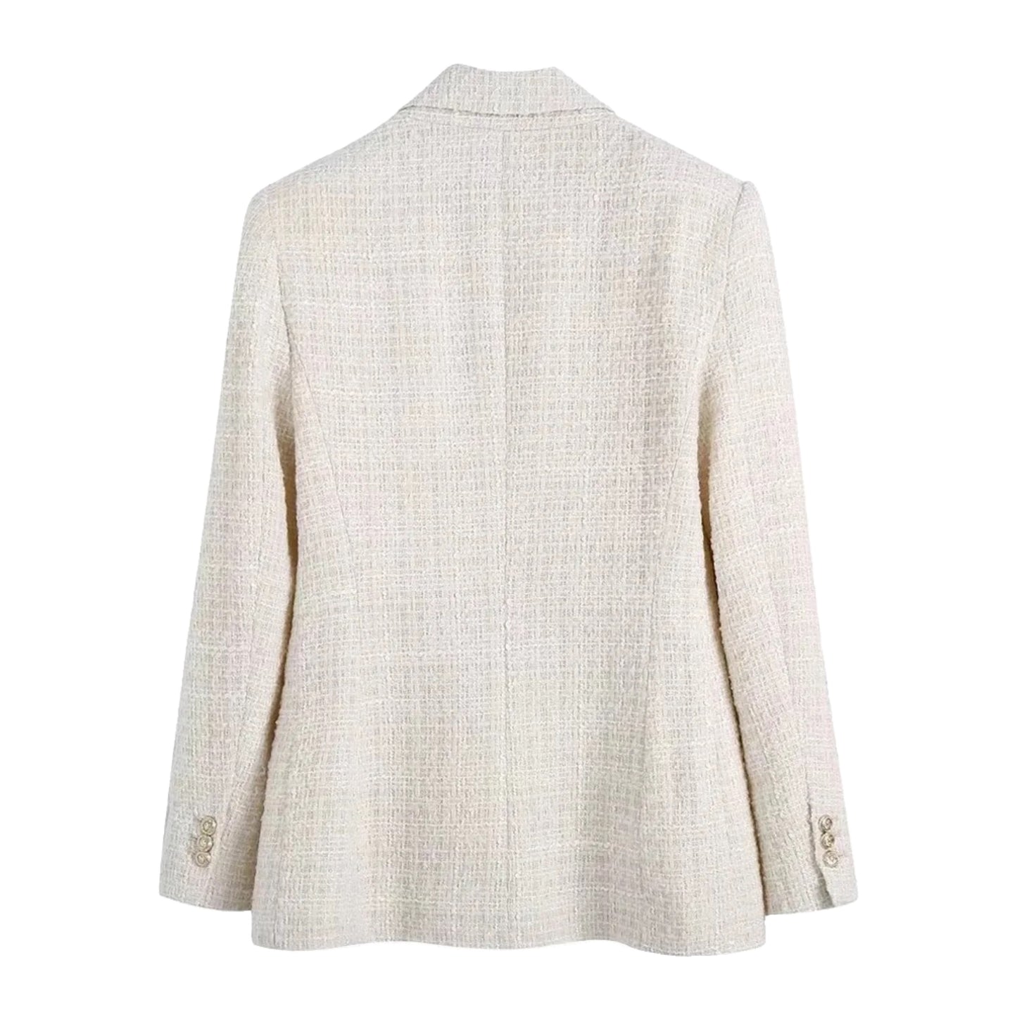 Cream White Tweed Tailored Long Sleeve Blazer Jacket featuring a structured oversized fit, double-breasted design, satin lining, collared neckline, and front flap pockets. Elegant neutral outerwear for women and teens. Perfect for fall, autumn, and winter 2025 fashion. Ships globally and worldwide to the US, UK, Canada, Australia, Europe, and Asia.