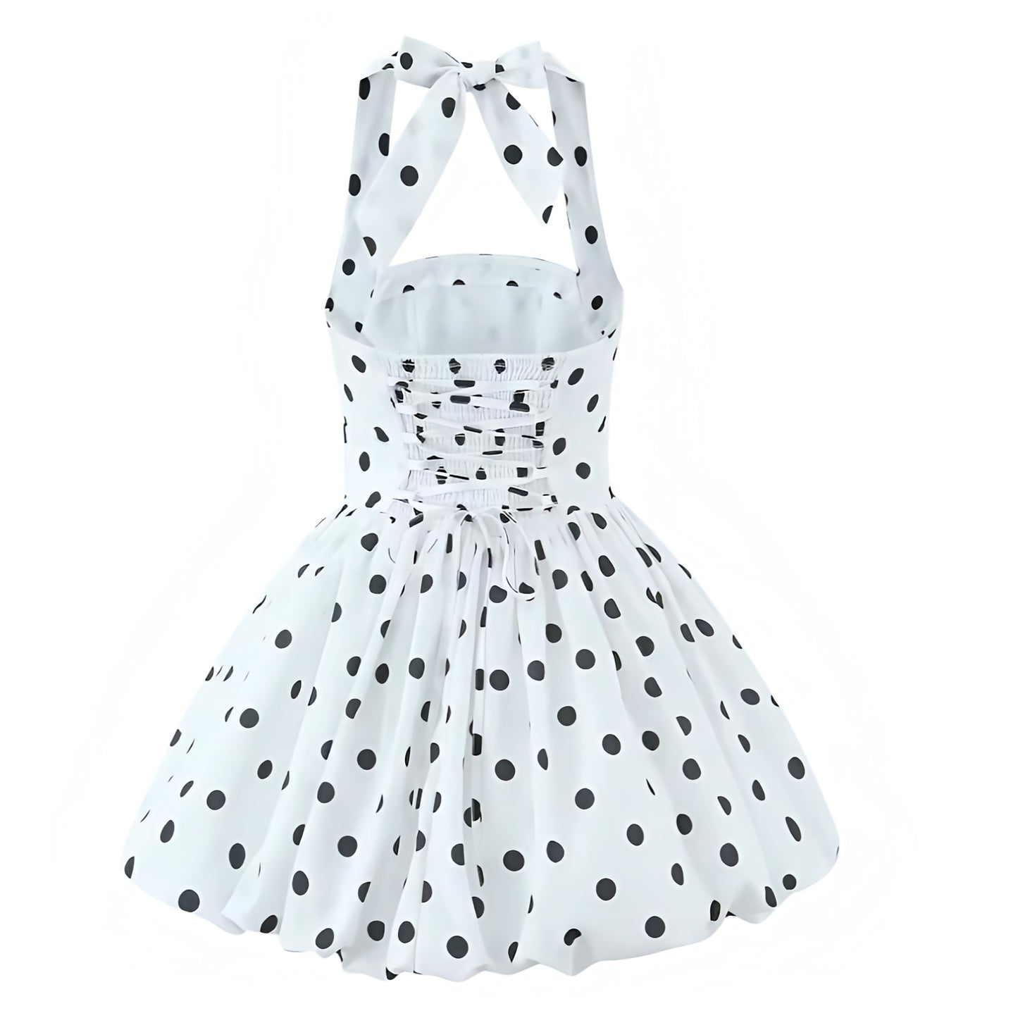 White & Black Polka Dot Corset Drop-Waist Halter Mini Dress