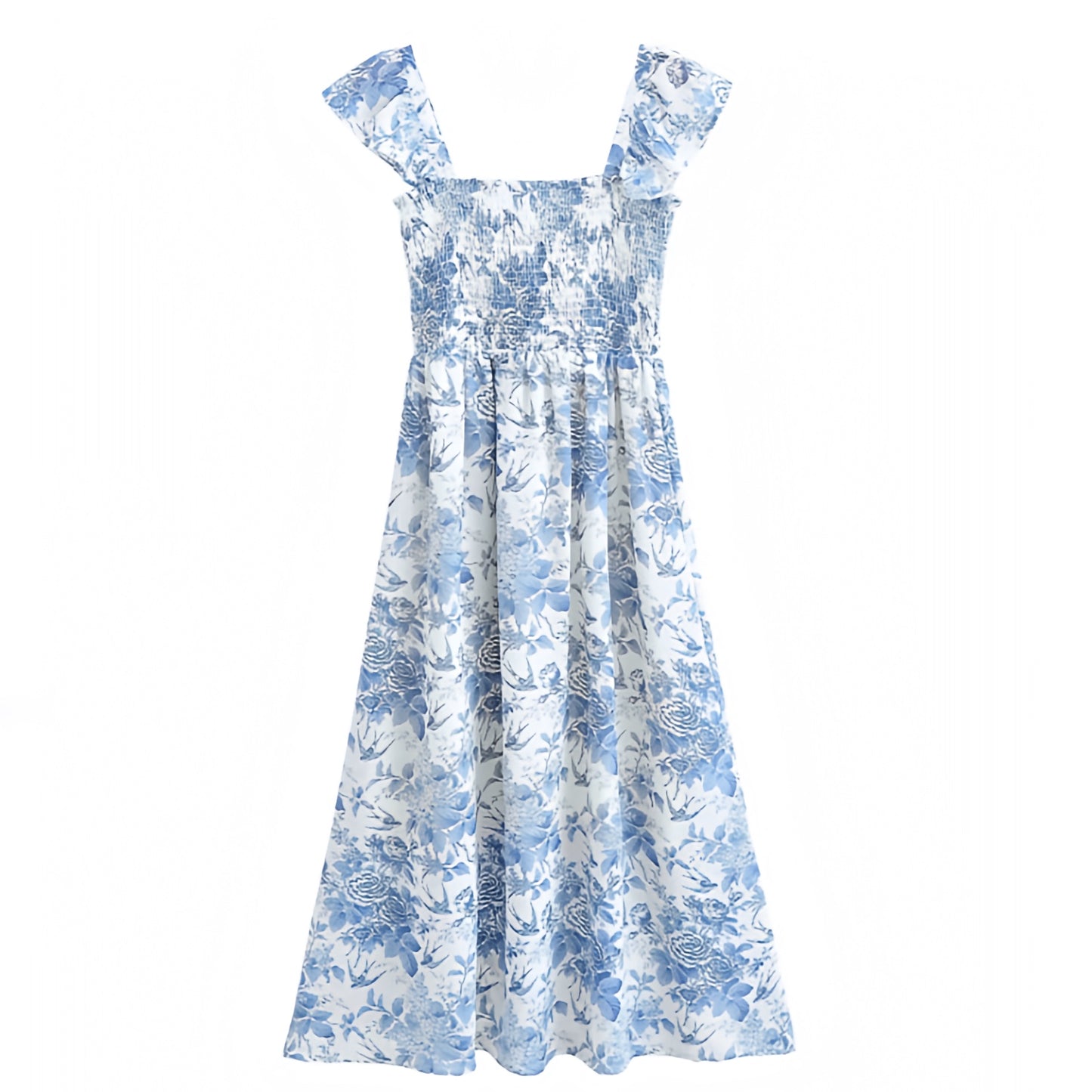 floral-print-light-blue-and-white-multi-color-flower-patterned-slim-fit-bodycon-smocked-fitted-bodice-drop-waist-shirred-ruffle-trim-short-puff-sleeve-square-neckline-tiered-flowy-linen-boho-midi-long-maxi-dress-evening-gown-women-ladies-teens-tweens-chic-trendy-spring-2024-summer-elegant-casual-semi-formal-classy-feminine-prom-party-wedding-guest-debutante-homecoming-dance-preppy-style-beach-wear-vacation-sundress-coastal-granddaughter-altard-state-hill-house-revolve-reformation-loveshackfancy-zara-dupe