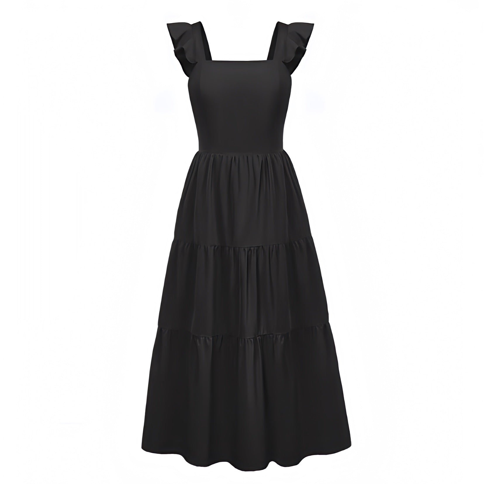 Black Maxi Short To Long Dresses Casual Women's Black Ruffle Trim Short Sleeve Drop Waist Flowy Black Maxi Short To Long Dresses Casual Women's Black Ruffle Trim Short Sleeve Drop Waist Flowy