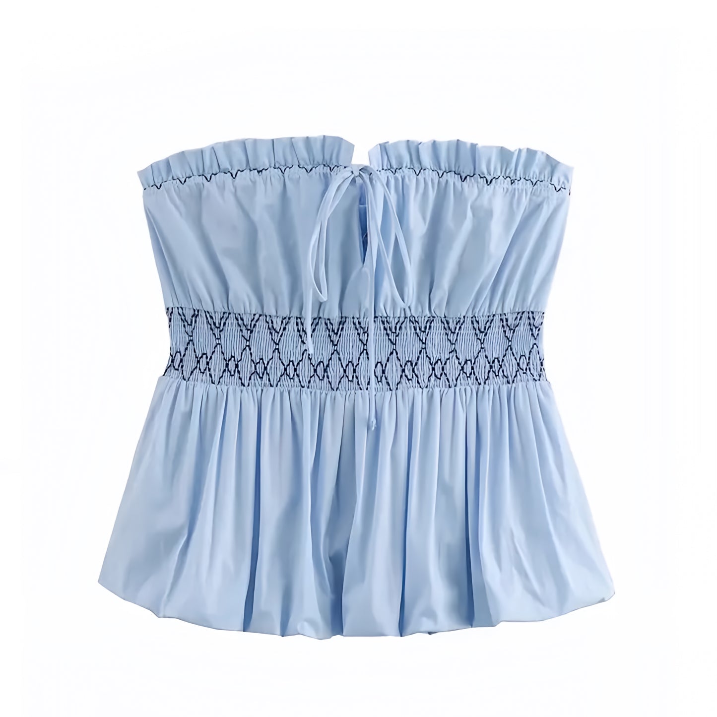 Light Blue Embroidered Smocked Strapless Bustier Tube Top