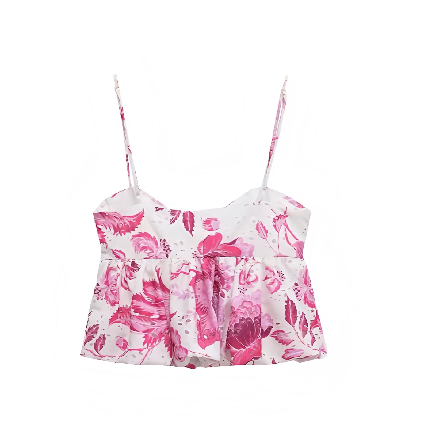Bahamas Pink Floral Print Eyelet Embroidered Ruffled Crop Tank Top