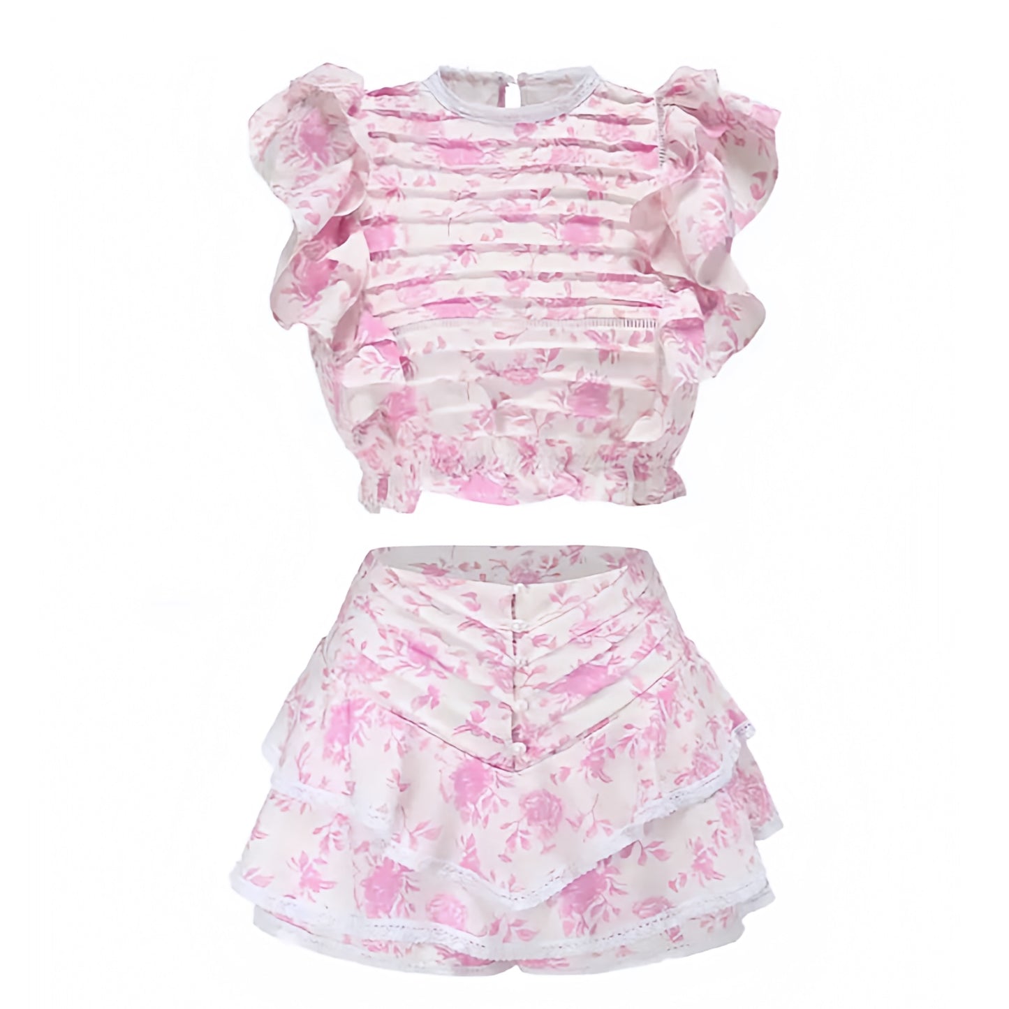 floral-print-light-pink-white-flower-patterned-lace-embroidered-layered-ruffle-trim-slim-fit-bodycon-round-neckline-short-puff-sleeve-top-blouse-and-mid-high-rise-mini-skirt-two-piece-set-dress-women-ladies-chic-trendy-spring-2024-summer-elegant-casual-classy-semi-formal-feminine-prom-gala-preppy-style-wedding-guest-debutante-party-beach-wear-sundress-altard-state-revolve-loveshackfancy-dupe