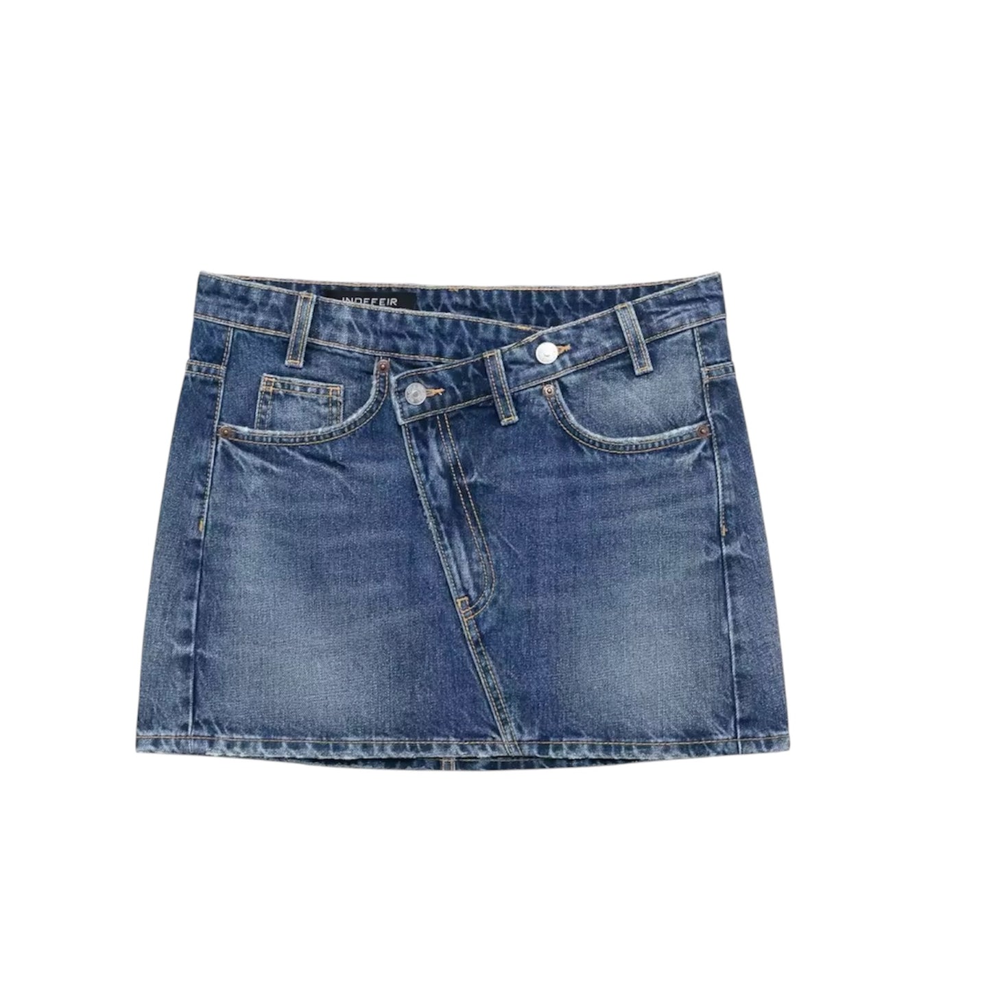 Dark blue faded vintage asymmetric stitch low-rise denim jean mini skirt, slim fit pencil sheath short skirt with pockets. Sexy chic trendy retro western country streetwear casual party club outfit 2025. Ships worldwide to US, UK, EU, AU, Canada and more.
