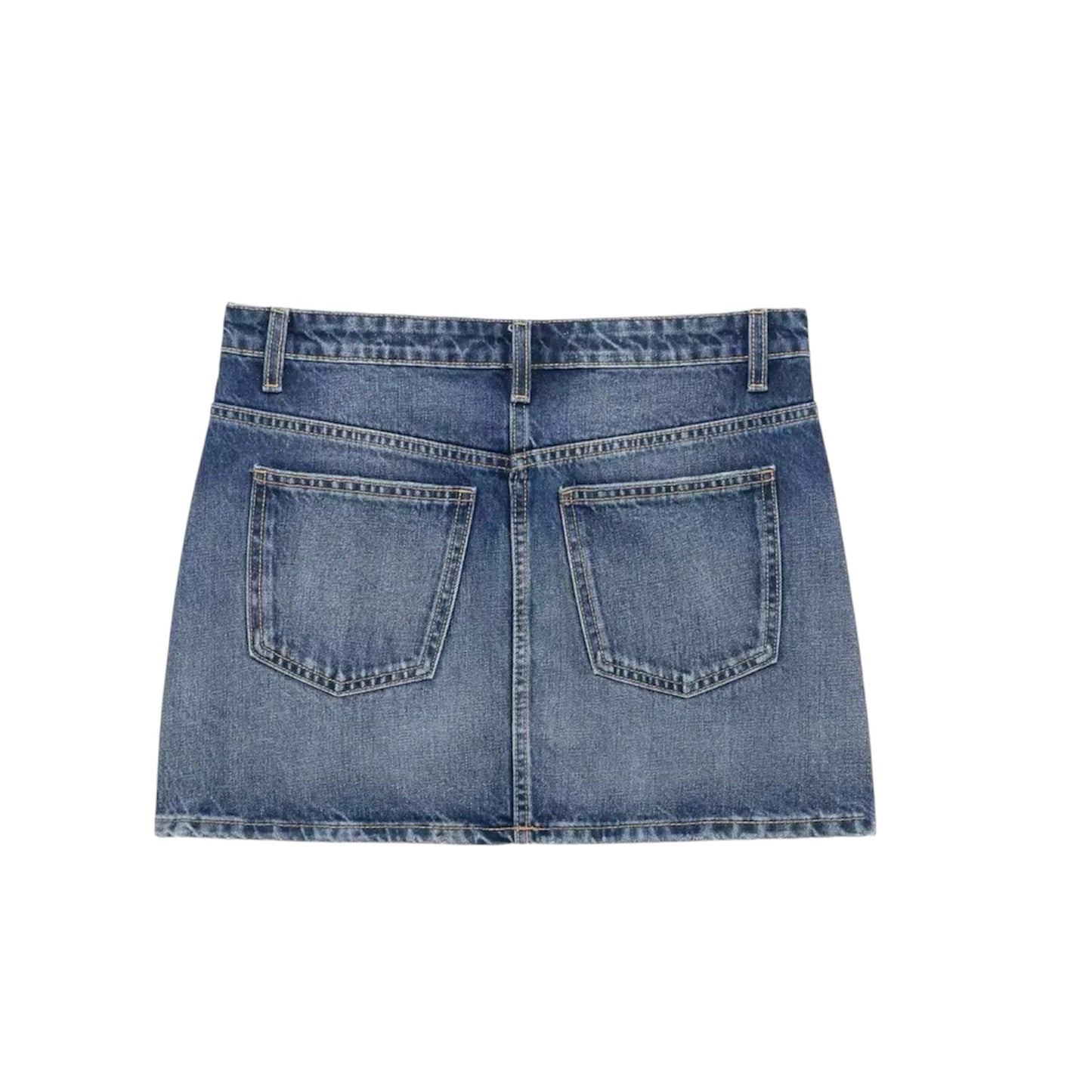 Dark blue faded vintage asymmetric stitch low-rise denim jean mini skirt, slim fit pencil sheath short skirt with pockets. Sexy chic trendy retro western country streetwear casual party club outfit 2025. Ships worldwide to US, UK, EU, AU, Canada and more.