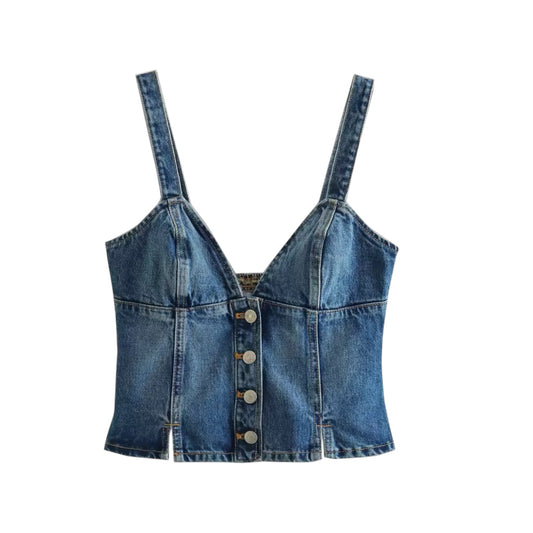 Dark blue faded vintage denim V-neck corset tank top with slim fit bustier cut, spaghetti straps, and button-up front. Sexy chic Y2K it-girl that-girl trendy retro western country feminine casual crop top for party, club, night out summer fall 2025. Ships worldwide to US, UK, EU, AU, Canada and more.