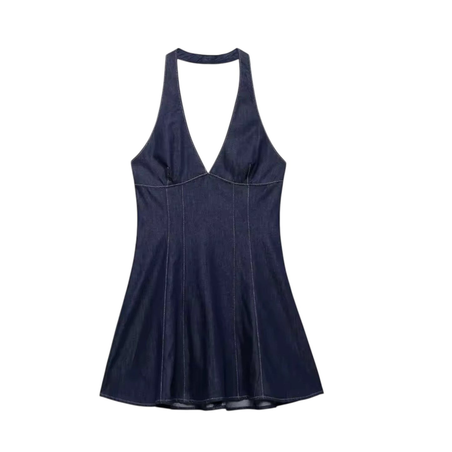 Dark blue slim fit V-neck denim halter mini dress, sleeveless backless corset bodycon short A-line drop waist style for women, girls, teens. Sexy chic vintage retro western country trendy feminine casual party club night out outfit summer fall 2025. Ships worldwide to US, UK, EU, AU, Canada and more.