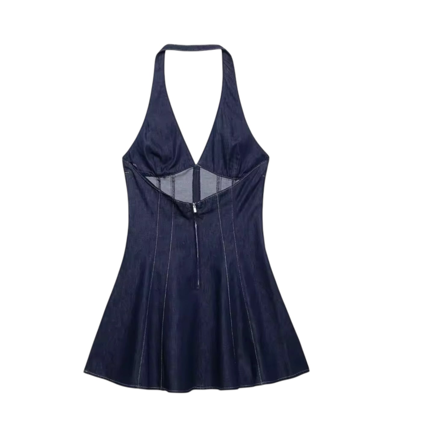 Dark blue slim fit V-neck denim halter mini dress, sleeveless backless corset bodycon short A-line drop waist style for women, girls, teens. Sexy chic vintage retro western country trendy feminine casual party club night out outfit summer fall 2025. Ships worldwide to US, UK, EU, AU, Canada and more.