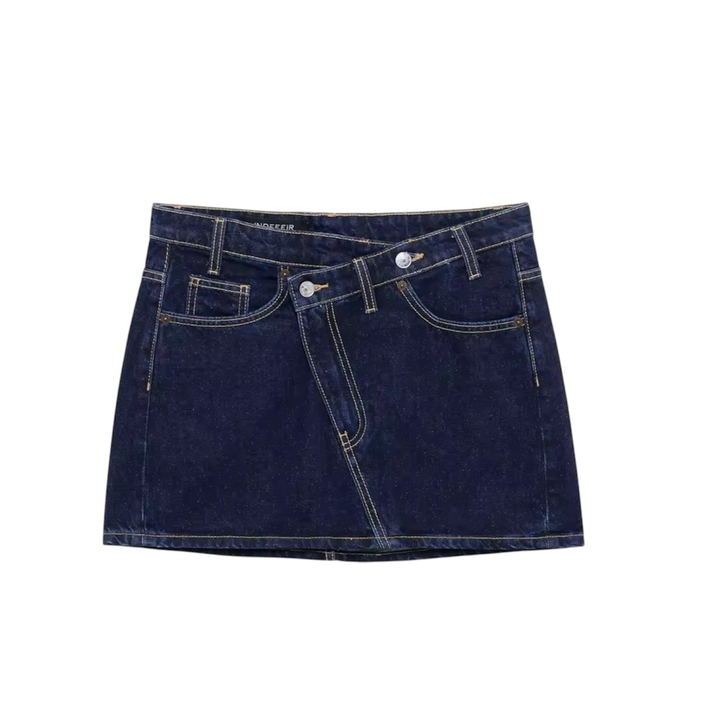 Dark blue vintage asymmetric stitch low-rise denim jean mini skirt, slim fit pencil sheath short skirt with pockets. Sexy chic trendy retro western country streetwear casual party club outfit 2025. Ships worldwide to US, UK, EU, AU, Canada and more.