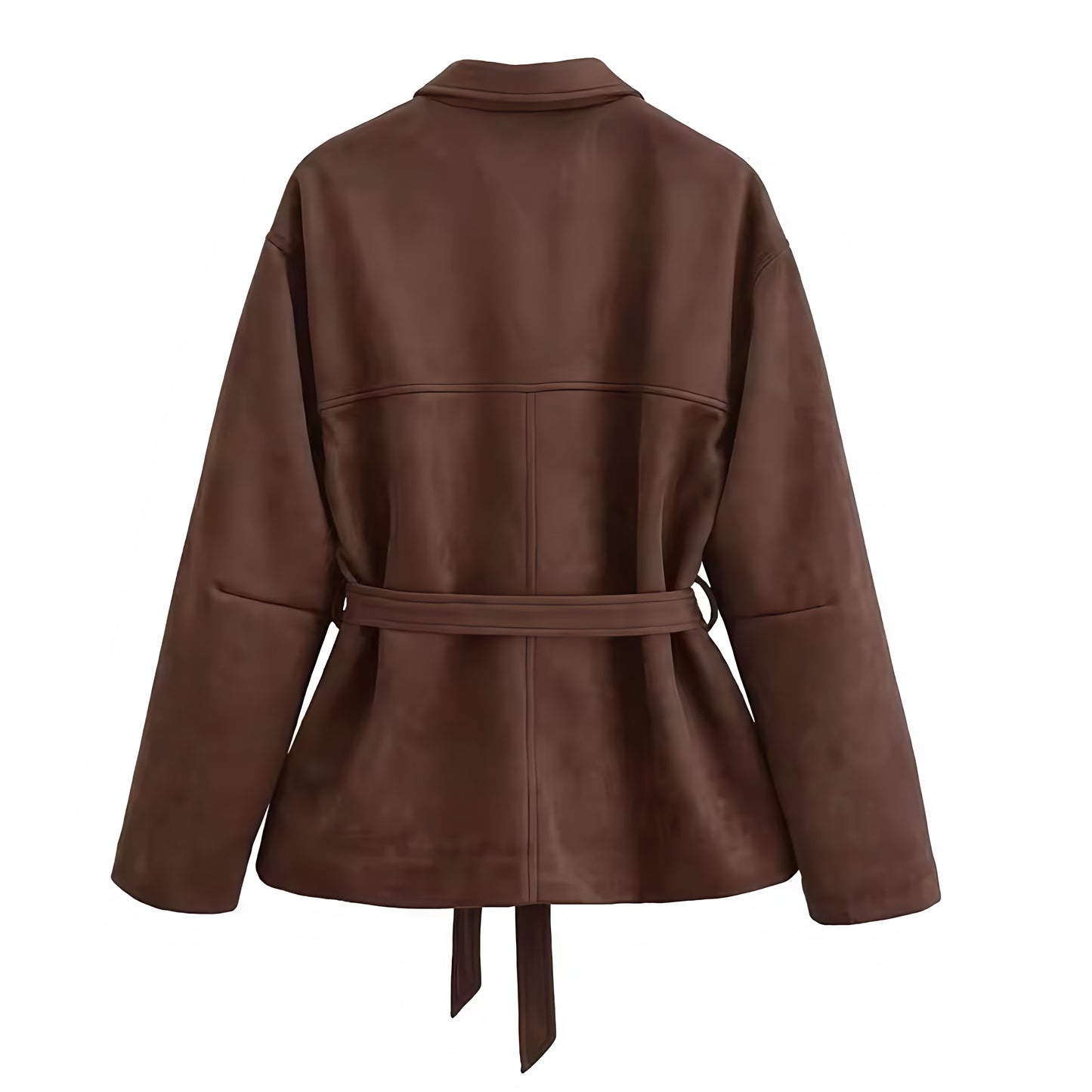 Dark brown faux suede leather button-down long sleeve jacket with belt for women and teens, soft espresso brown luxury coat with collared v-neck split neckline and waist cincher, feminine trendy Y2K chic retro western vintage fashionable outerwear for fall autumn winter 2025, Scandinavian Copenhagen streetwear and old money style Zara dupe and Aritzia inspired look with global worldwide shipping to US UK Canada Australia Europe and Asia.