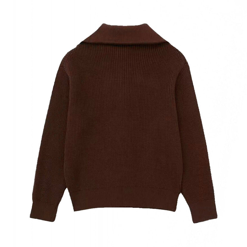Dark brown knitted quarter-zip pullover sweater for women and teens, soft ribbed chunky knit with collared neckline and silver zipper, cozy oversized thick warm knitwear perfect for fall autumn winter 2025, Scandinavian minimalist fashion inspired by Zara and Aritzia dupe styles, elegant chic trendy streetwear sweater with global worldwide shipping to US, UK, Canada, Europe, Australia, and Asia.