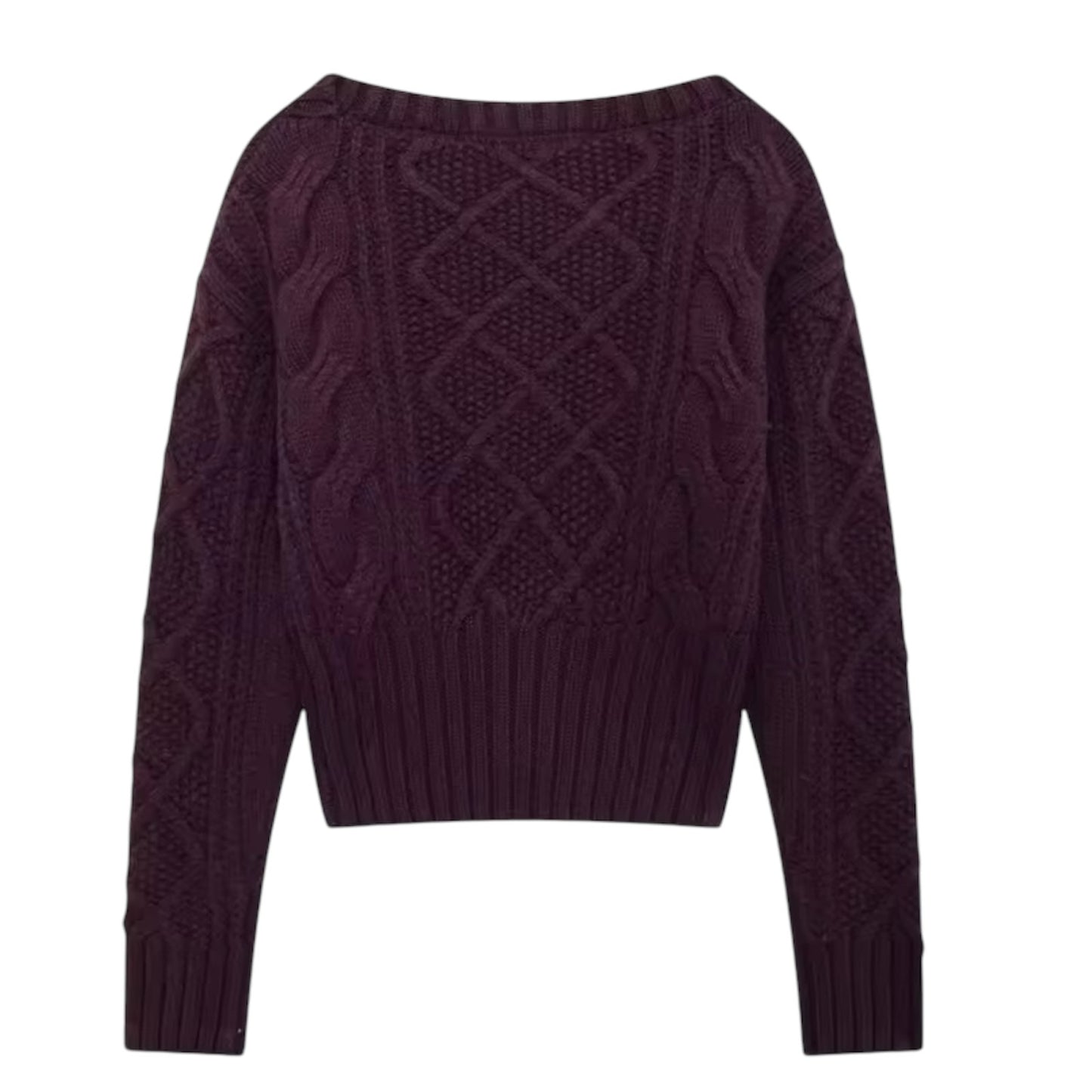 Dark burgundy red cable knit long sleeve pullover sweater for women and teens, maroon plum woolen chunky knit cozy warm soft fuzzy jumper with round neckline crewneck design, feminine elegant trendy casual preppy fashionable knitwear for fall autumn winter 2025, Scandinavian Stockholm streetwear inspired holiday and Christmas sweater, with global worldwide shipping to US UK Canada Australia Europe and Asia.