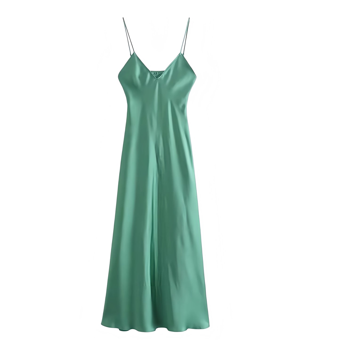 Dark Green Satin Bodycon V-Neck Spaghetti Strap Backless Maxi Slip Dress. Slim fit bodycon silhouette with elegant satin finish, sexy sleeveless spaghetti straps, deep V-neckline, and sophisticated maxi slip sundress design. Perfect evening gown for women, teens, and ladies who love chic feminine fashion for holidays, vacations, sorority rush, prom, hoco, homecoming, elegant formal wear, night out, parties, and going-out looks. Ships worldwide to US, UK, Canada, Australia, Europe, Asia & more.