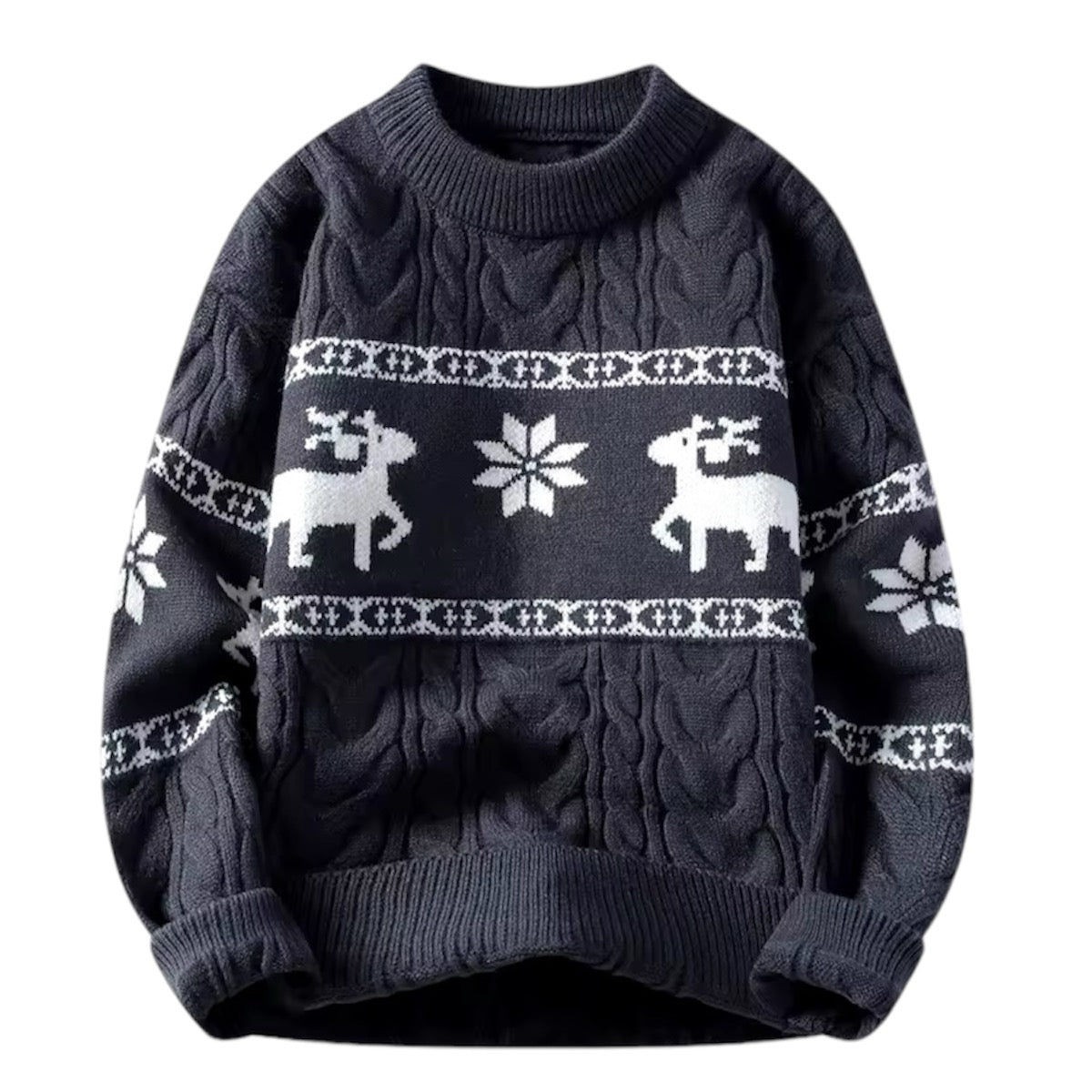 Dark grey cable knit reindeer snowflake geometric Fair Isle long sleeve pullover sweater with charcoal and white winter pattern, soft breathable chunky knit fabric, ribbed cuffs and hem and round crewneck neckline. Cozy warm winter knitwear for women and teens, ideal for Christmas parties, holiday outfits, apres ski style, snow trips, Scandinavian and Copenhagen street style fashion. Global worldwide shipping to US, Australia, New Zealand, UK, Canada, Europe, Asia and more.