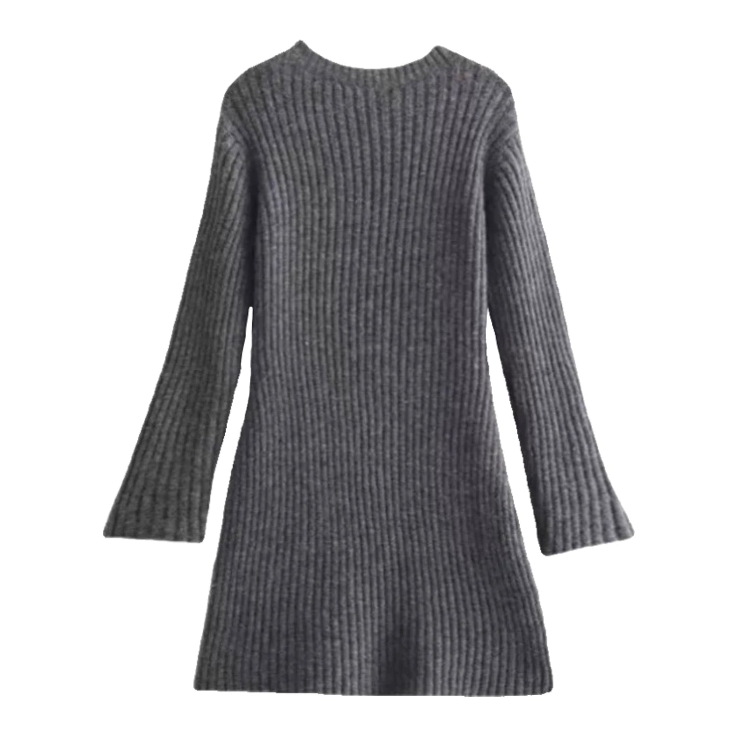 Dark grey charcoal ribbed knit bodycon mini sweater dress with slim fit silhouette, lightweight cozy knitted fabric, long sleeves, and round crewneck neckline. Soft, comfy, warm winter 2025 sweater dress for women and teens, ideal for fall, autumn, holiday season, Christmas parties, everyday casual looks, elegant evening outfits, and chic classic minimalist style. Worldwide global shipping available to US, Australia, New Zealand, UK, Canada, Europe, Asia, and more.