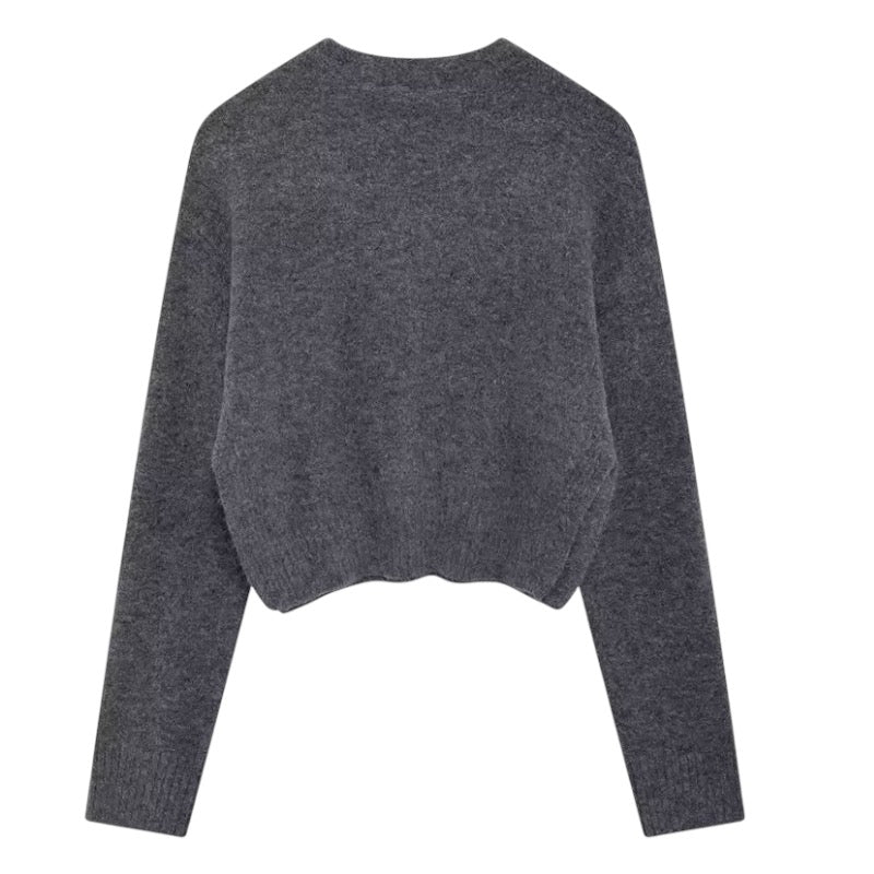Dark grey knit woolen long sleeve cropped pullover sweater for women and teens, chunky knit jumper with soft fuzzy cozy warm thick texture, elegant feminine trendy chic casual preppy streetwear knitwear for fall autumn winter 2025, Aritzia dupe and Zara-inspired Scandinavian minimalist design with worldwide global shipping to US UK Canada Europe Australia Asia from Dazey Hill.