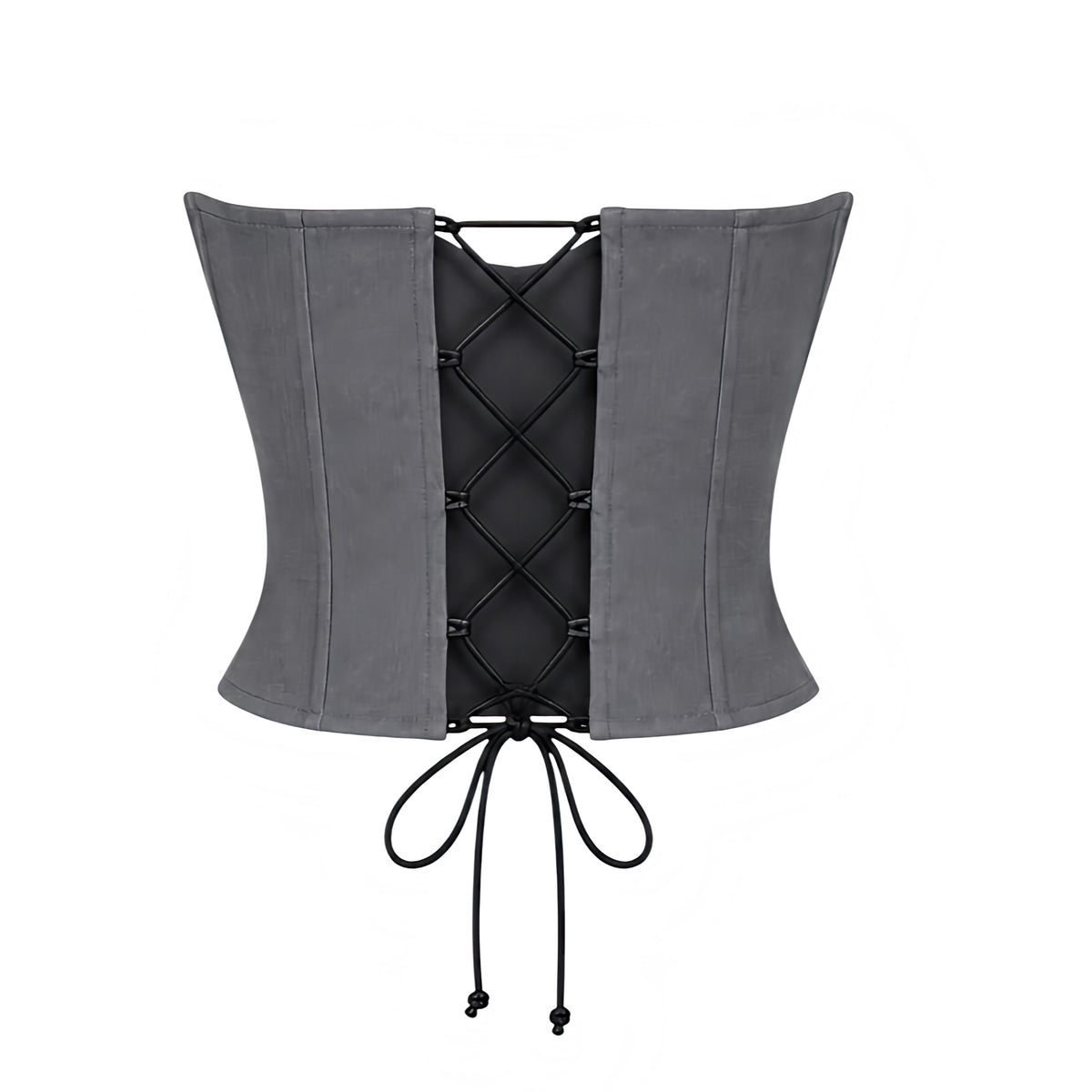 Dark grey gray lace-up blazer style strapless bustier corset top with sweetheart molded bust, tailored notched lapels, black button front, structured corset boning, slim fitted waist, pointed V basque hem and open lace-up corset back. Women’s Y2K 2000s office siren, corporate chic, Stockholm, Scandi, baddie, soft grunge, punk and alt top for fall autumn 2026, party, club, going out, date night, concert, festival, rave, Halloween and streetwear outfits.