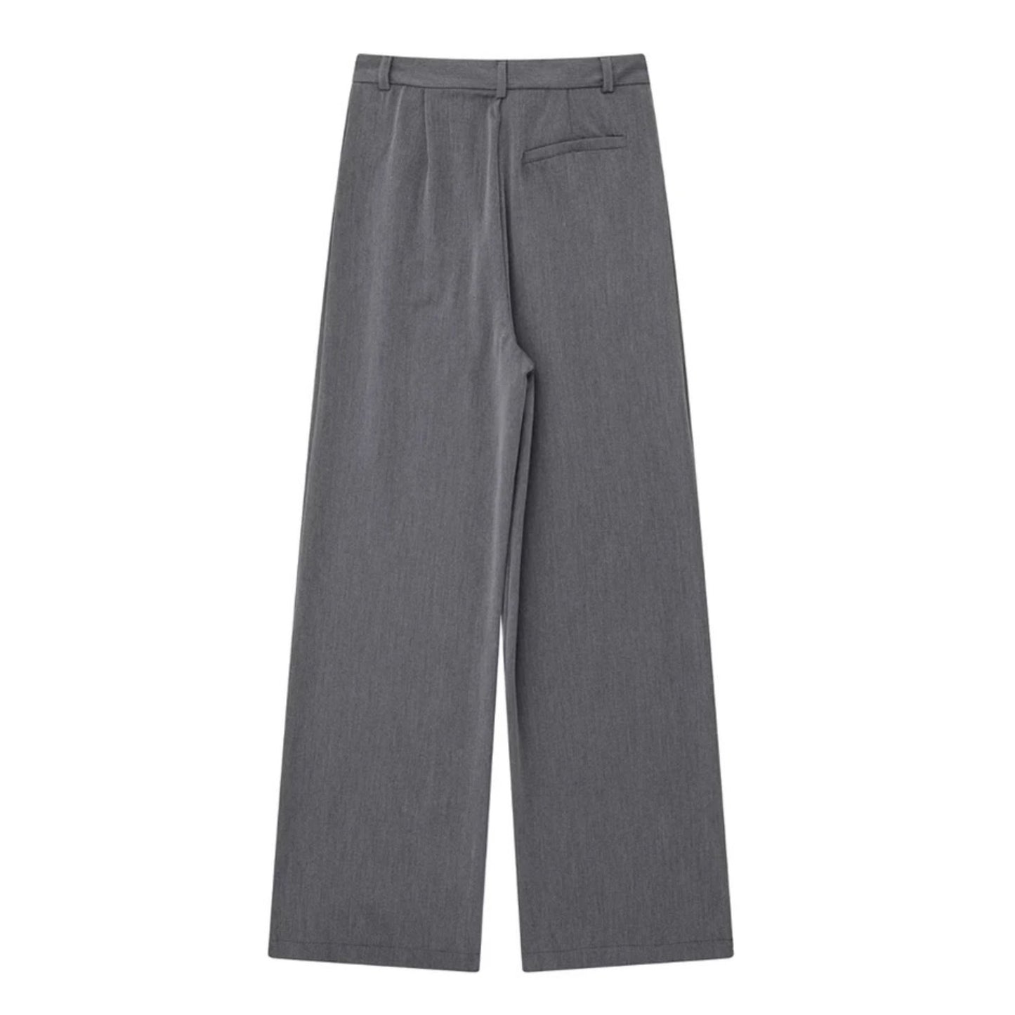 Dark grey low-rise pleated tailored straight leg trouser pants for women featuring a smooth woven suit fabric, structured fit, and elevated minimalist design. These full-length sleek trousers blend Scandinavian simplicity with timeless tailoring. Perfect for modern office wear, evening looks, or capsule wardrobe outfits. Inspired by European fashion and Stockholm style. Ships globally and worldwide to US, UK, Canada, Australia, and across Europe and Asia.