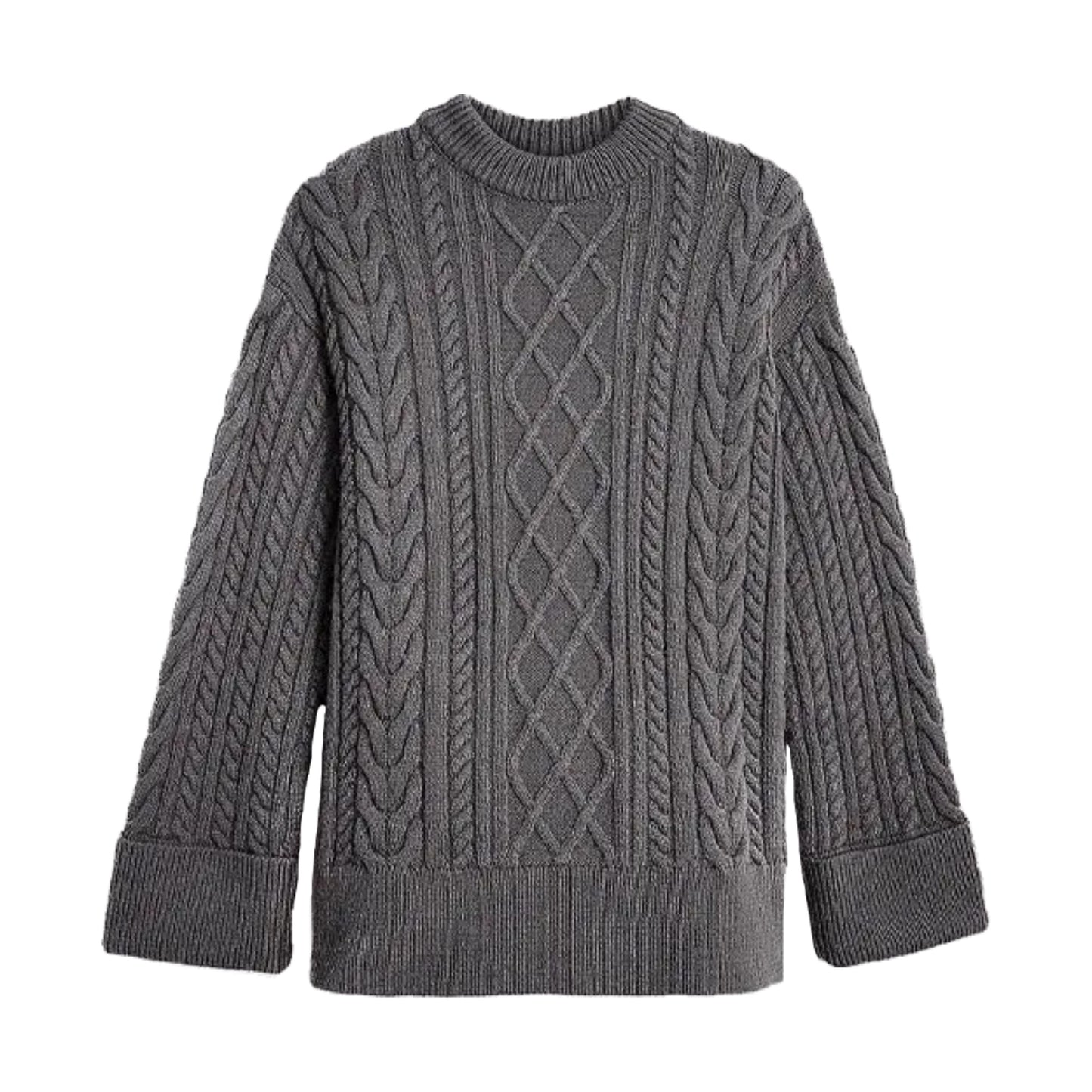 Dark grey oversized cable knit long sleeve crewneck pullover sweater for women and teens, cozy chunky knitted jumper with geometric textured pattern, soft thick knitwear for fall autumn winter 2025, elegant feminine Scandinavian streetwear, Zara and Aritzia dupe style, clean-girl and old-money aesthetic, preppy and casual chic fashion, perfect for après ski, snow day, and ski trip outfits, ships globally and worldwide to US, UK, Canada, Europe, Australia, and Asia.