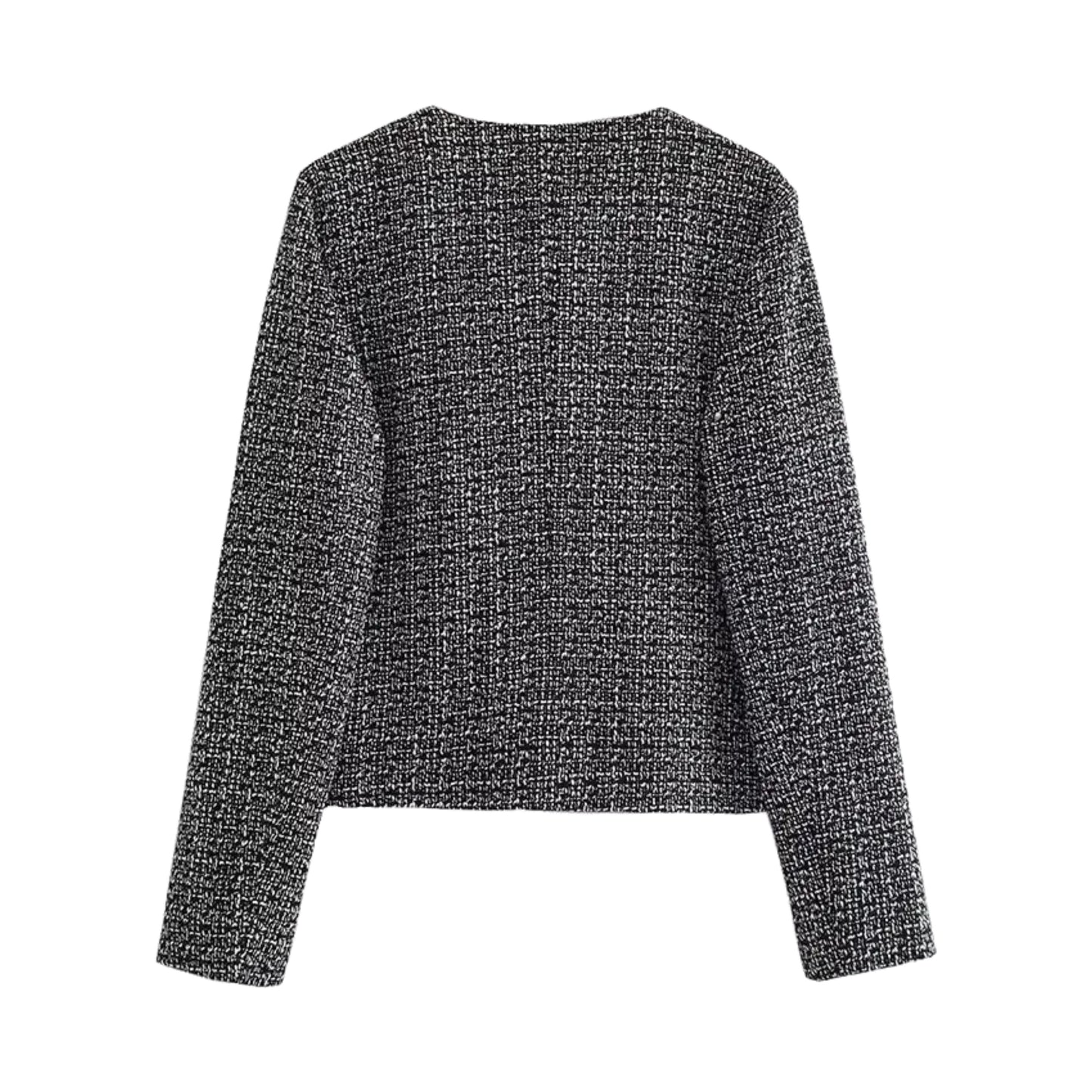 Dark grey tweed gold button-down cropped peacoat jacket for women featuring long sleeves, soft woolen fabric, structured silhouette, crew neckline, and single-breasted front. Elegant and chic cropped outerwear for fall and winter fashion 2025. Perfect for minimalist, preppy, and old money style outfits. Feminine, warm, and sophisticated jacket ideal for layering. Ships globally to the US, UK, Canada, Europe, Asia, and Australia.