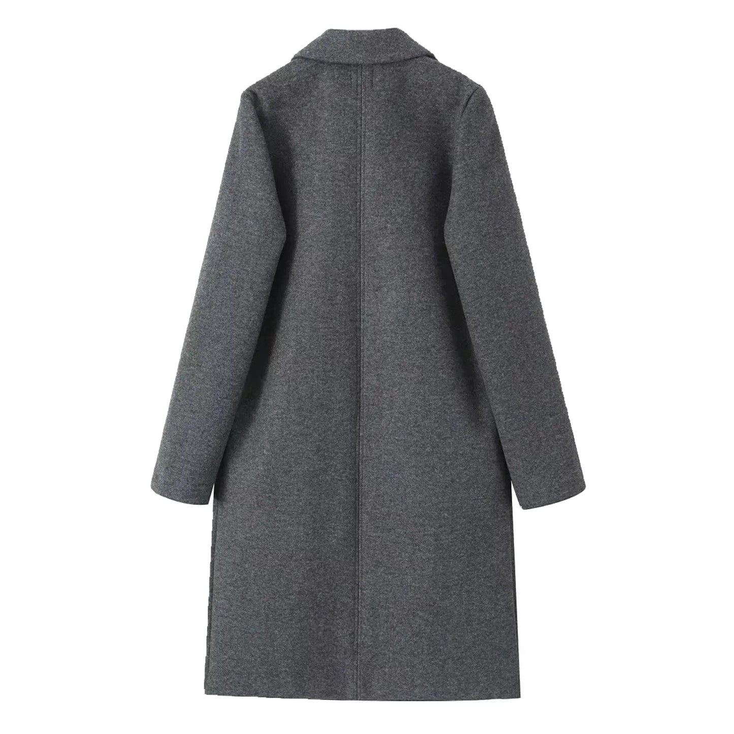 Dark grey oversized wool trench coat for women with wide lapel collar, relaxed tailored silhouette, long sleeves, warm wool blend insulation, minimalist clean girl and old money fashion outerwear for fall and winter outfits, globally shipped to US, UK, Canada, Australia, Europe and international customers.